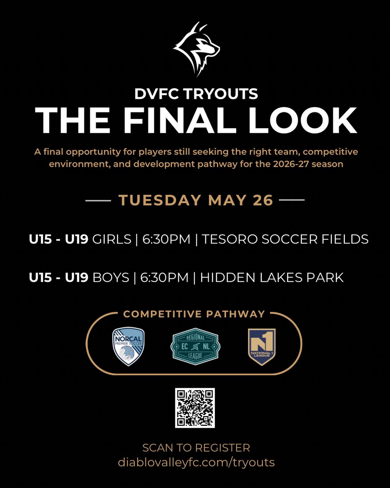LAST CALL.

Still looking for the right team, competitive environment, and pathway for the 2026-27 season?

This is your final opportunity to be evaluated by DVFC and compete for remaining roster spots across our U15&ndash;U19 teams.

Tuesday, May 26