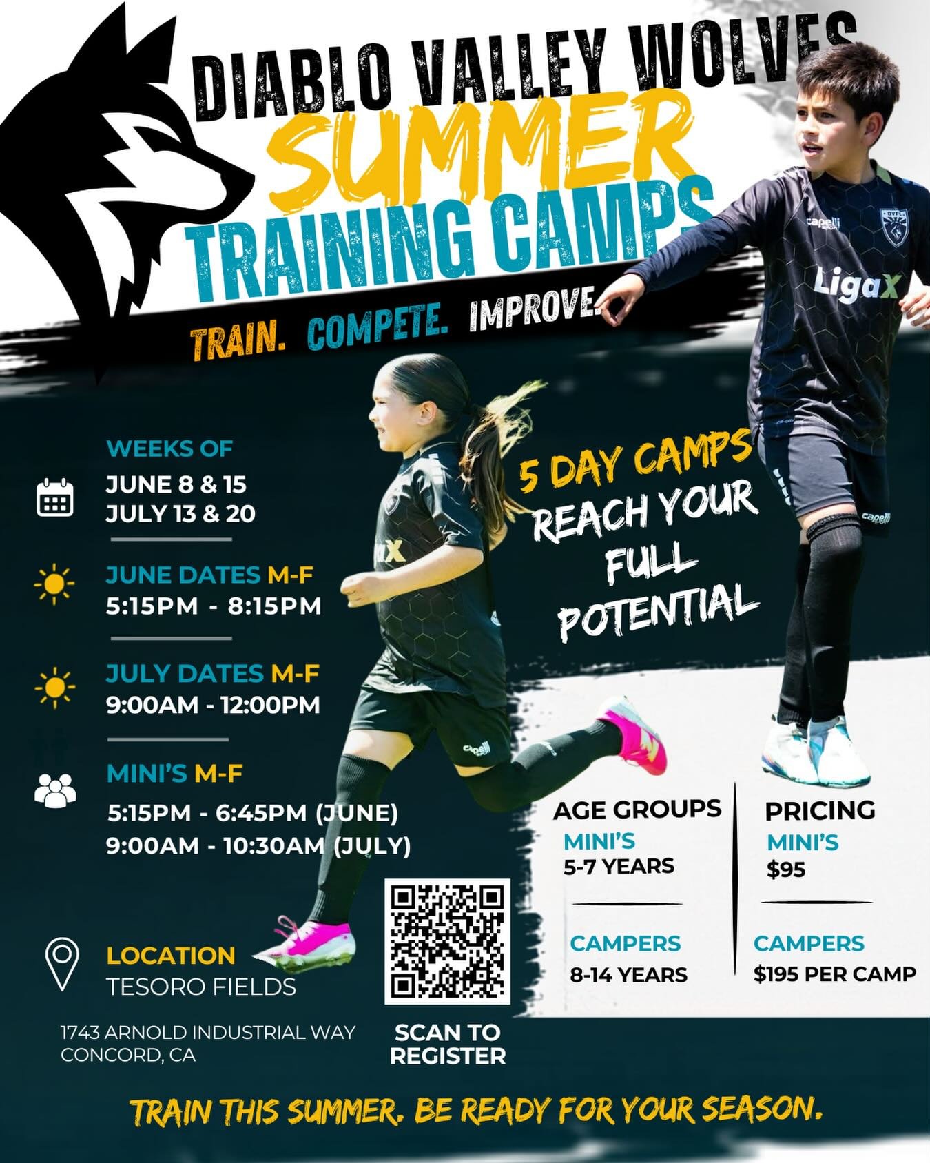 Train This Summer. Be Ready This Fall.

DVFC 5 Day Summer Training Camps are designed to help players stay sharp, build confidence, and prepare for a successful fall season. Each week focuses on the important habits that help players perform when the