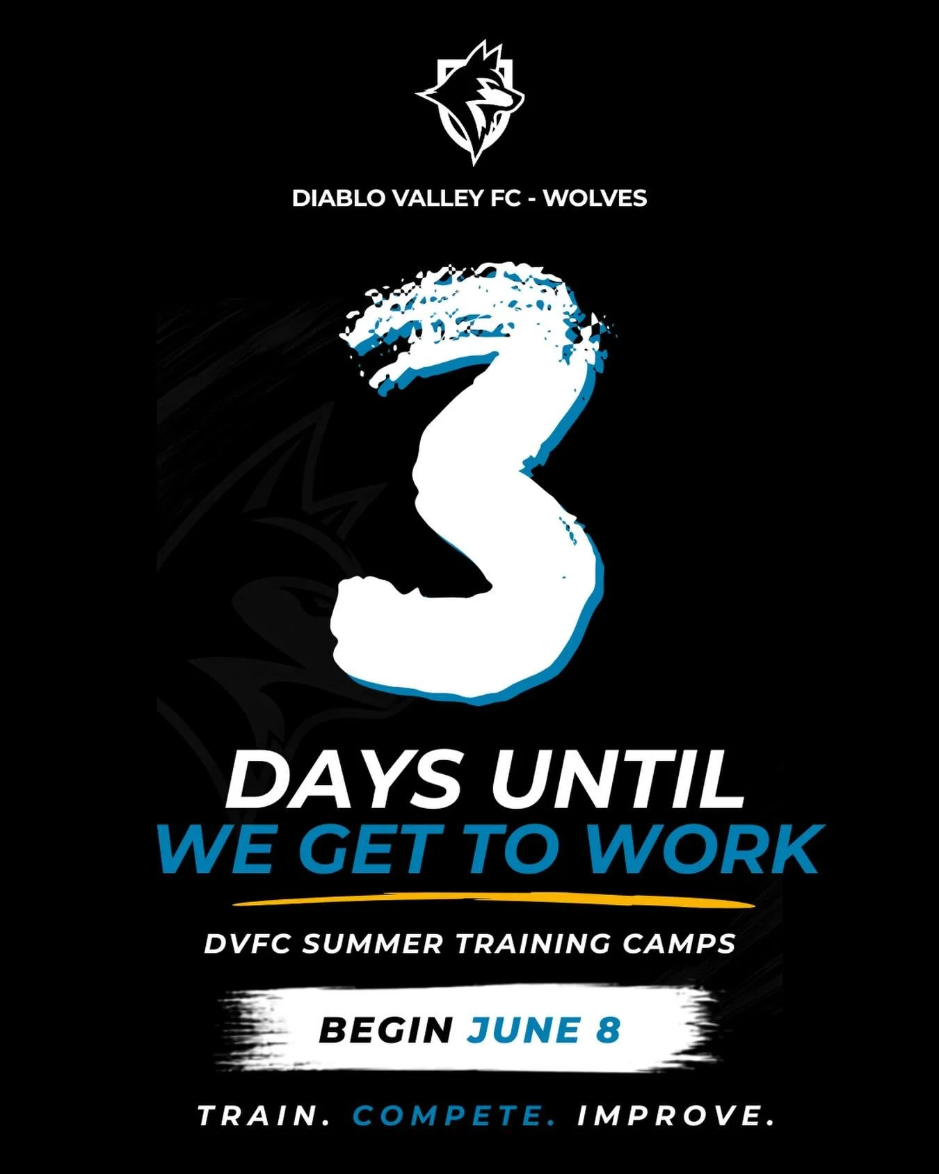 3 DAYS UNTIL WE GET TO WORK.

The countdown is on! Our first DVFC Summer Training Camp kicks off Monday, June 8.

Designed to help players stay sharp, build confidence, and prepare for the fall season, these camps provide a fun and competitive enviro