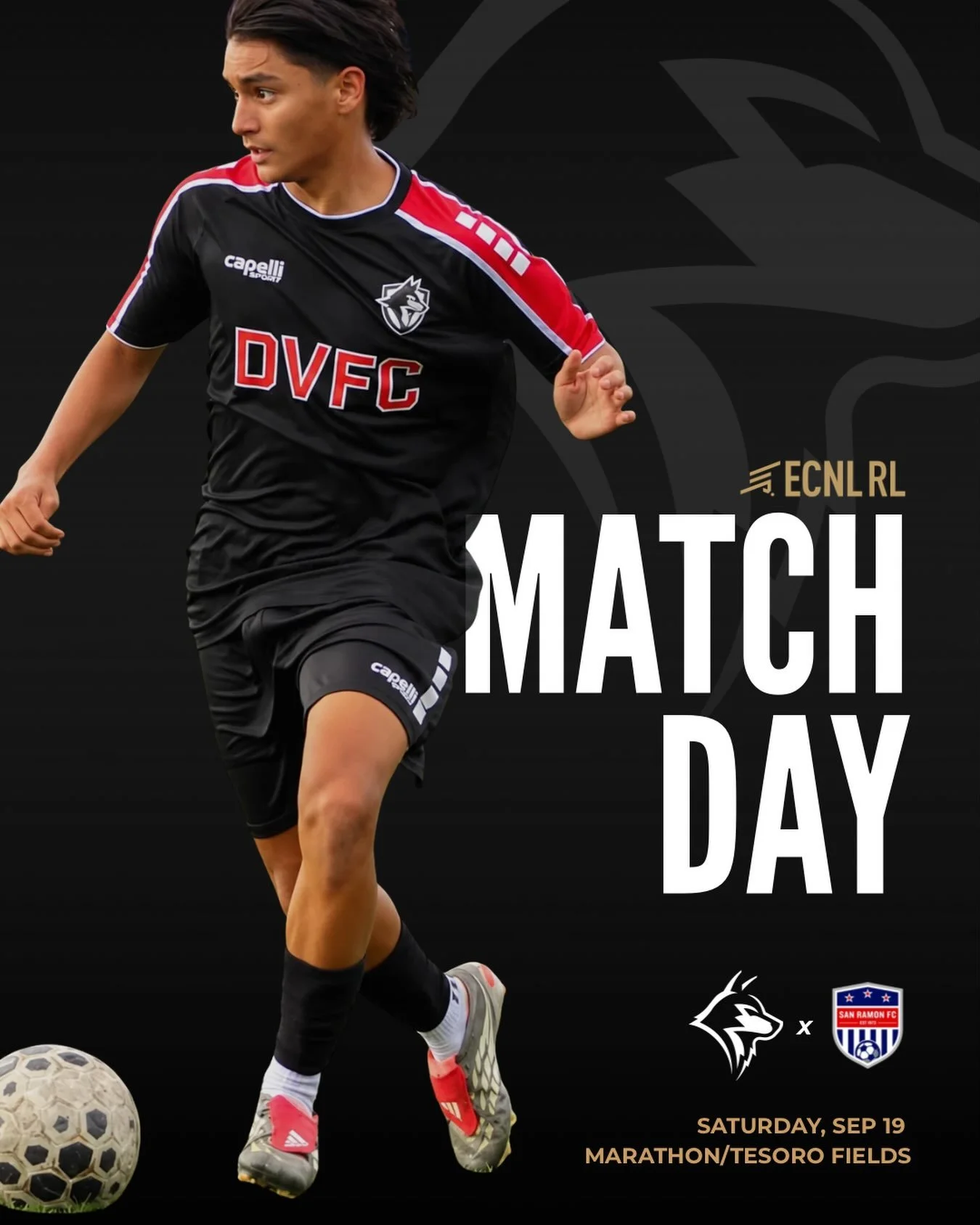 MATCH DAY. 

Our Boys ECNL RL teams are back in action this Saturday as DVFC takes on San Ramon FC at home.

Saturday, September 19
Marathon &amp; Tesoro Fields

Ready to compete. Let&rsquo;s go Wolves!

ONE CLUB. ONE STANDARD. 

#DVFC #DiabloValleyF