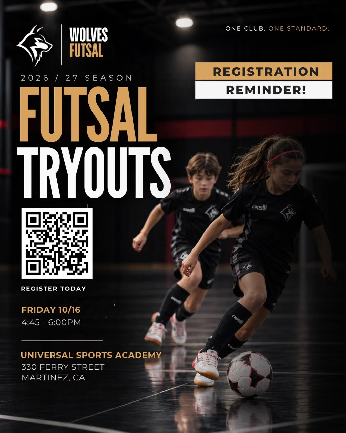 REMINDER that registration is open for the upcoming Wolves Futsal season and the final tryout is this Friday! Open to boys &amp; girls ages 7&ndash;14.

TRYOUTS
Friday 10/16 | 4:45&ndash;6:00 PM
Universal Sports Academy | Martinez

PROGRAM DETAILS
No