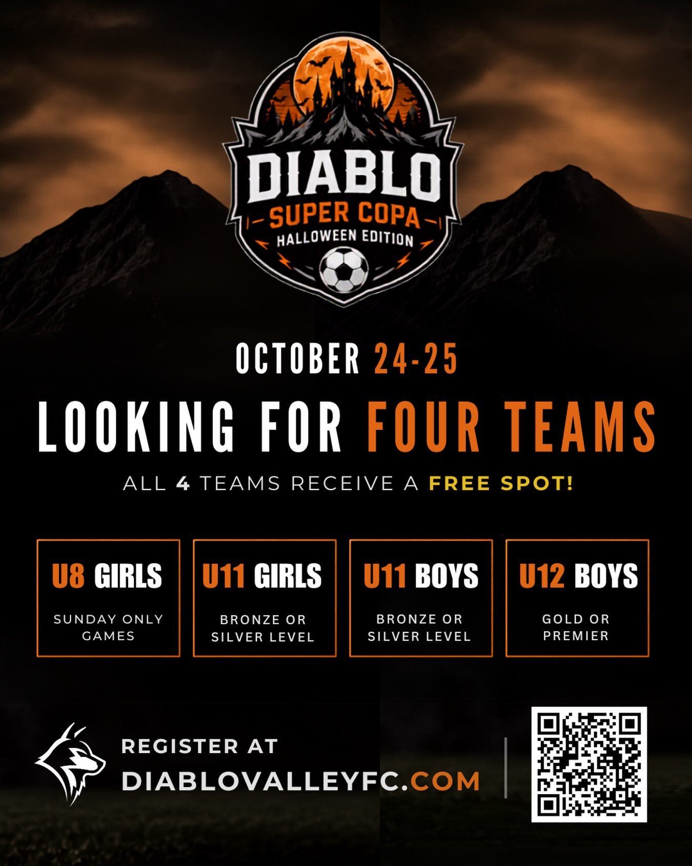 4 TEAMS WANTED. 4 FREE SPOTS! 

We&rsquo;re looking for FOUR teams to complete the field for our Diablo Super Copa Halloween Edition, October 24&ndash;25!

And here&rsquo;s the best part... We&rsquo;re offering FREE tournament entry to all four teams