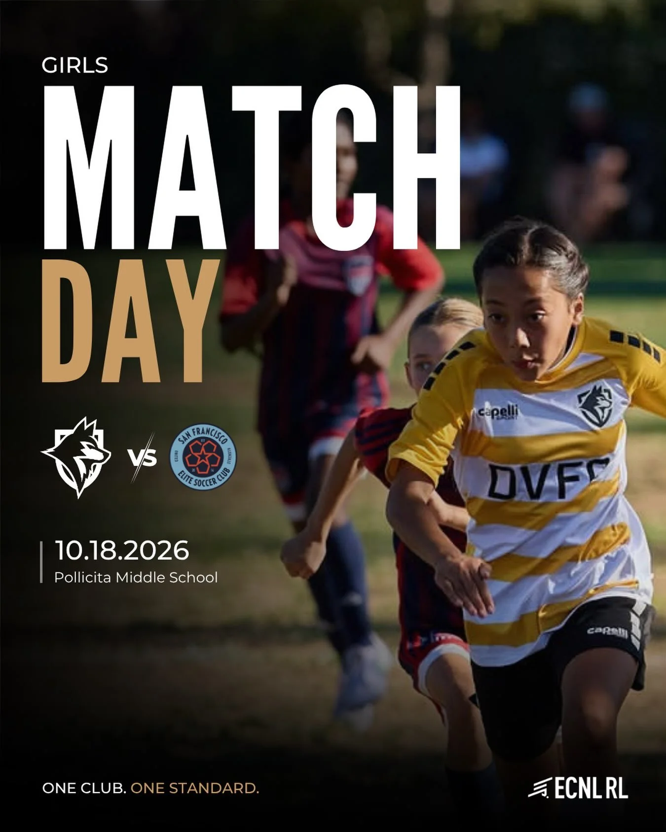 SUNDAY MATCHDAY | ECNL RL GIRLS

Our U13, U14 &amp; U15 Lady Wolves are back in action this Sunday, October 18, taking on San Francisco Elite Academy!

MATCH SCHEDULE

U13 | 9:00 AM
U14 | 11:00 AM
U15 | 1:00 PM

Pollicita Middle School

Let&rsquo;s g