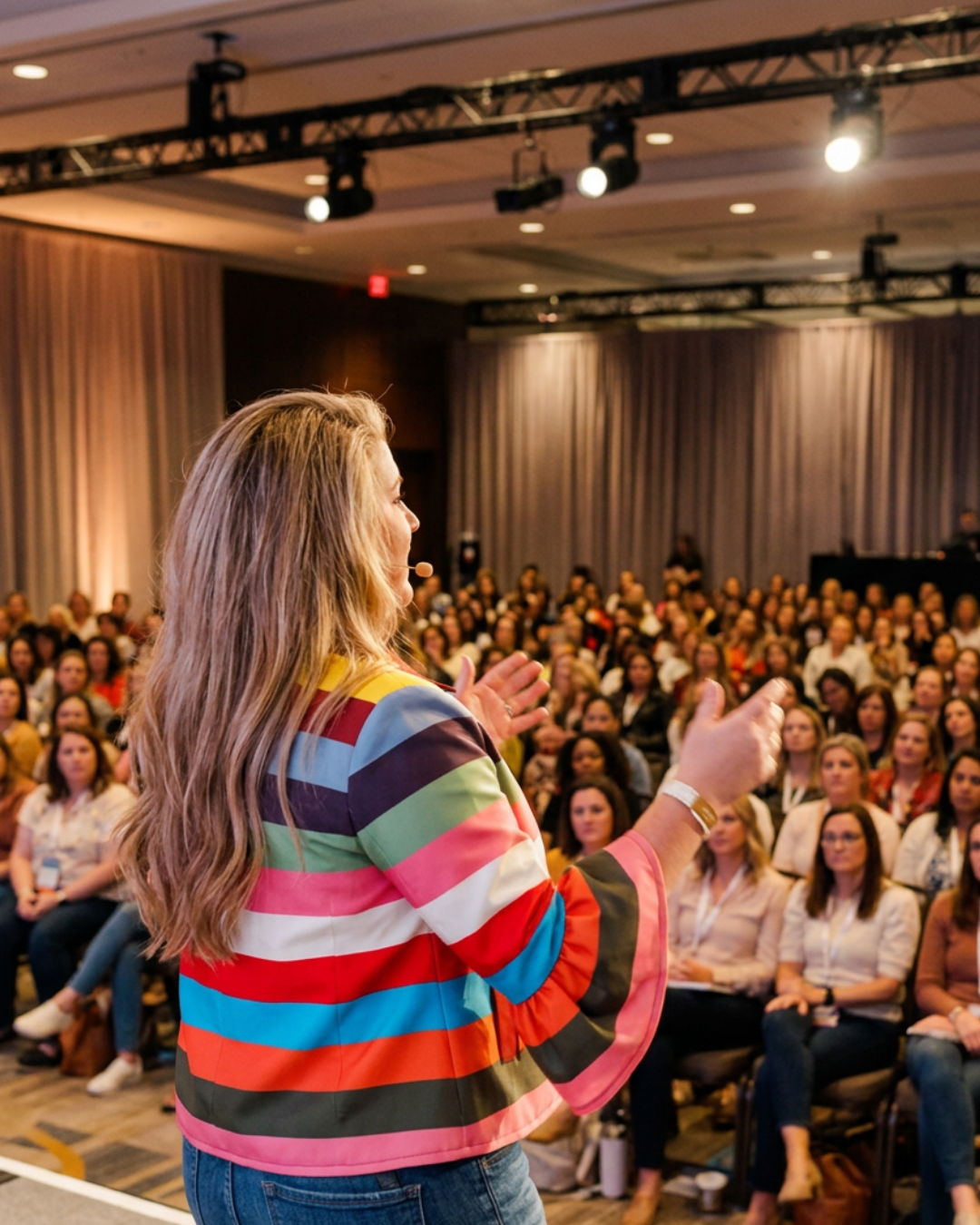 Brittany Shepard speaking on lifestyle influencer branding and creator business strategy on a stage in her signature colorful striped blazer.