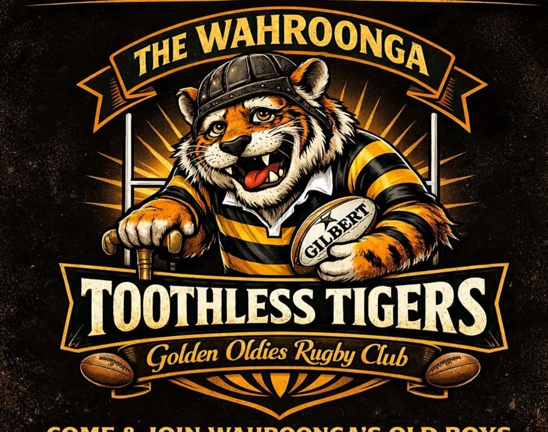 Yellow logo with a running tiger in the center and black text reading 'Wahroonga Rugby Club Tigers' in a circular pattern.