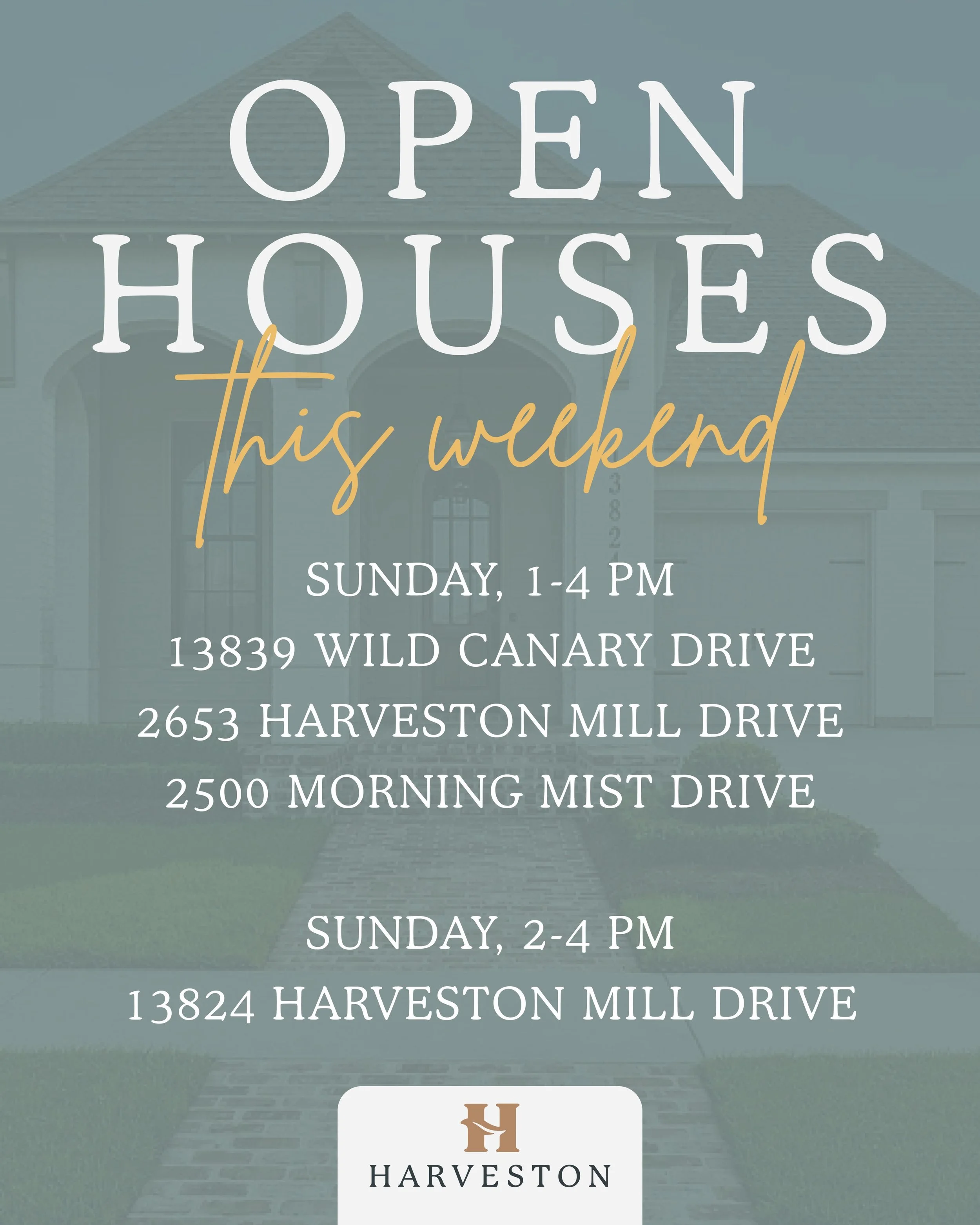 It&rsquo;s a beautiful day to find your way home to Harveston!

Join us today for Open Houses throughout the community. Tour four beautiful homes, explore the neighborhood, and imagine what life at Harveston could look like for you.

Open today from 