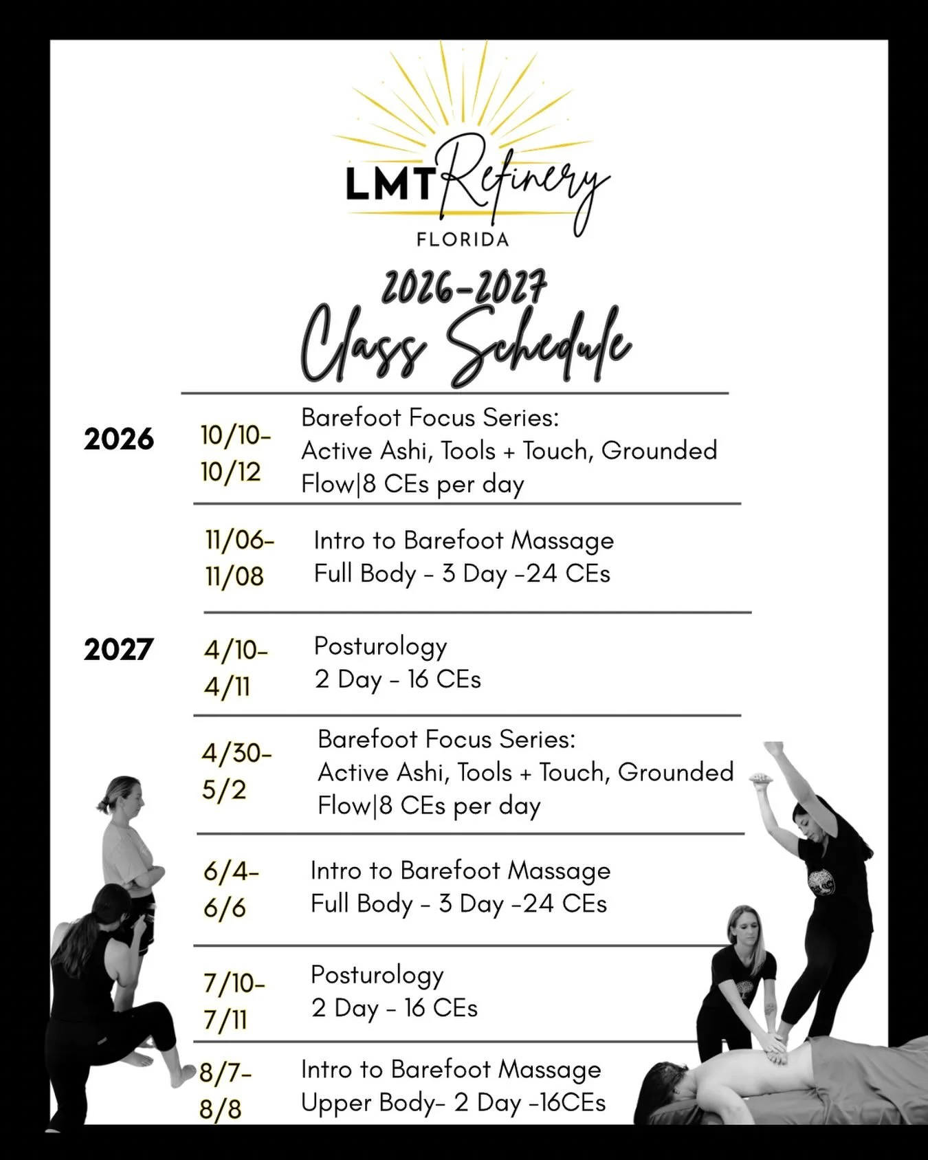 Planning your 2026-2027 continuing education? Save this one 👀

Florida LMTs, we&rsquo;re heading into a renewal year, and we&rsquo;ve officially started locking in The LMT Refinery&rsquo;s schedule through August 2027.

Our upcoming calendar include