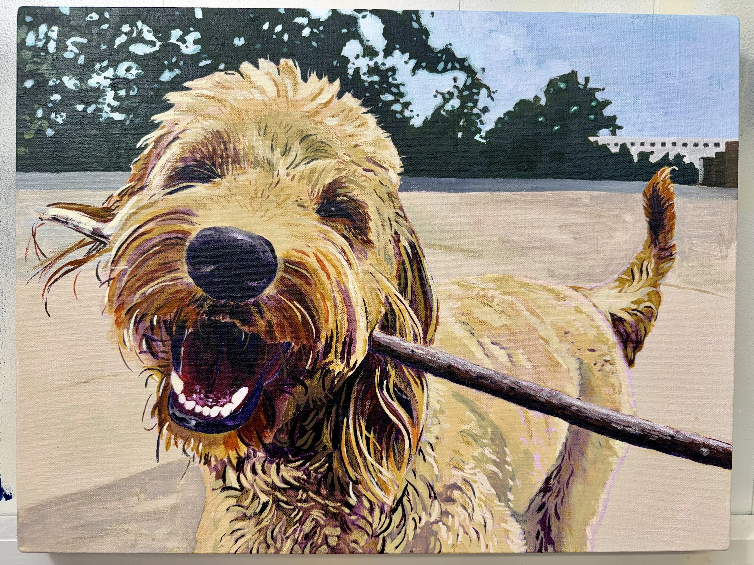 "Winnie" Goldendoodle Dog Portait - "20" x 15" Acrylic and Caran d'Ache on Canvas