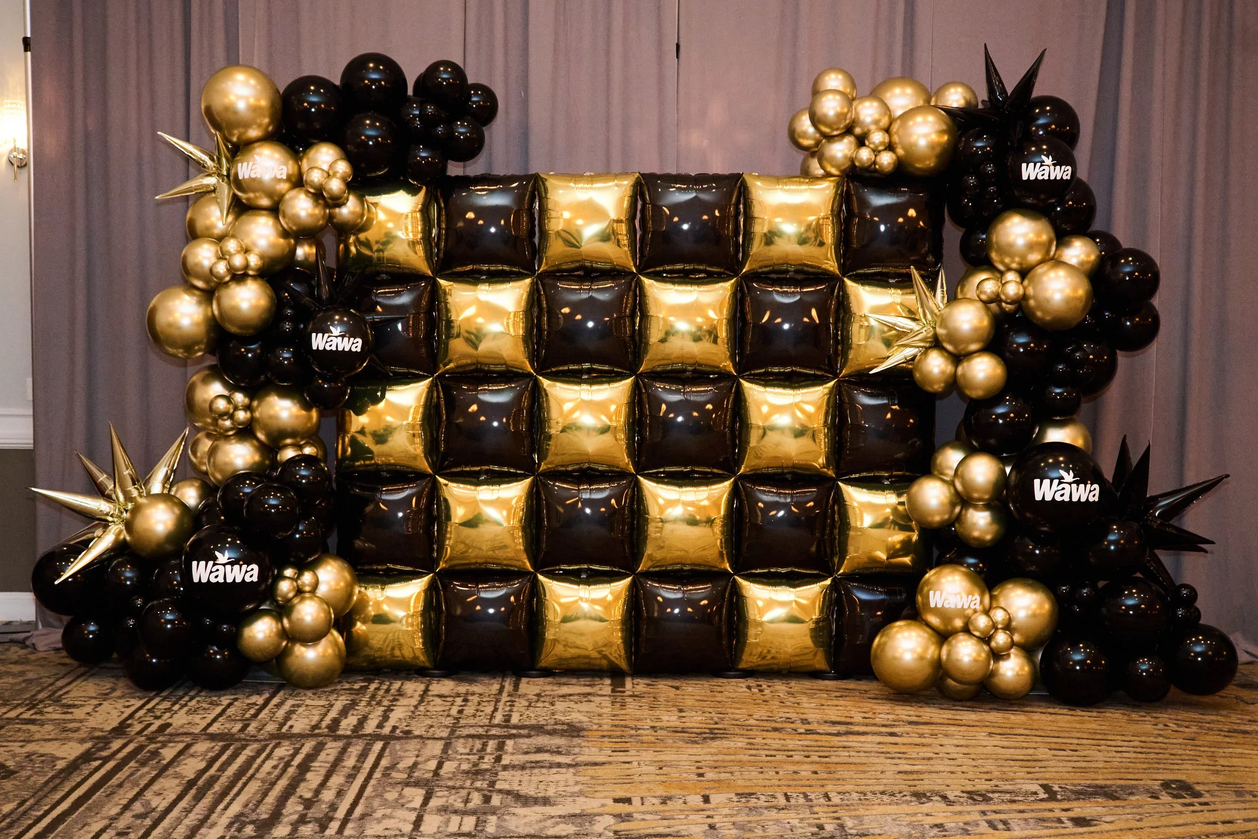 CUSTOM INSTALL: MYLAR SQUARE BACKDROP w/ DELUXE BALLOON GARLAND & LOGO'S