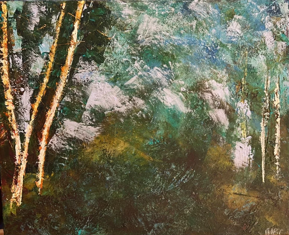 In the Woods, Oil and cold wax on canvas, 12" x 16" - $350