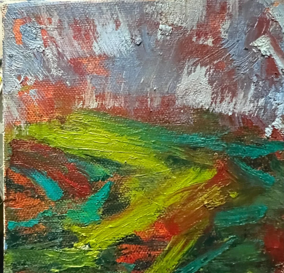 Bird's Eye View (Abstract Landscape #3), oil and cold wax on canvas, 6 x 6 in - $125