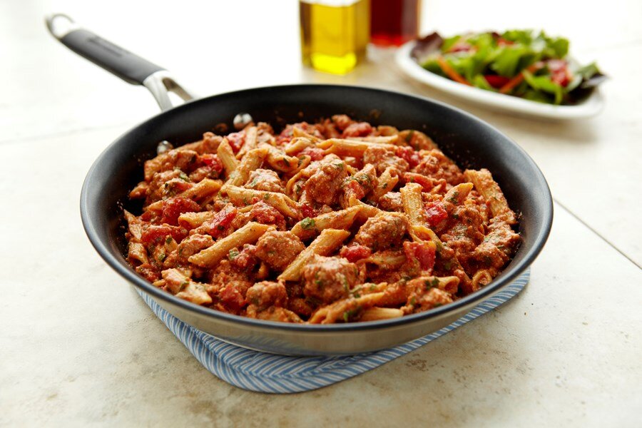 Pasta is one of our favorite go-to meals when you are short on time. Add some ground pork, sauce, and cheese...20 minutes later, dinner is served! 

Ingredients
12 ounces ground pork lean
8 ounces penne pasta whole grain (about 3 cups)
3 cup spicy to