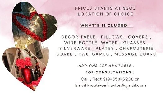 Valentines Special ! 
Give your spouse a passionate and romantic date ! Enjoy the sensation feeling from the love in the air &hearts;️
#love #valentinesday #rebrand #picnic #setup #datenight #fyp #raleigh #nc #durhamnc #kreativemiracles