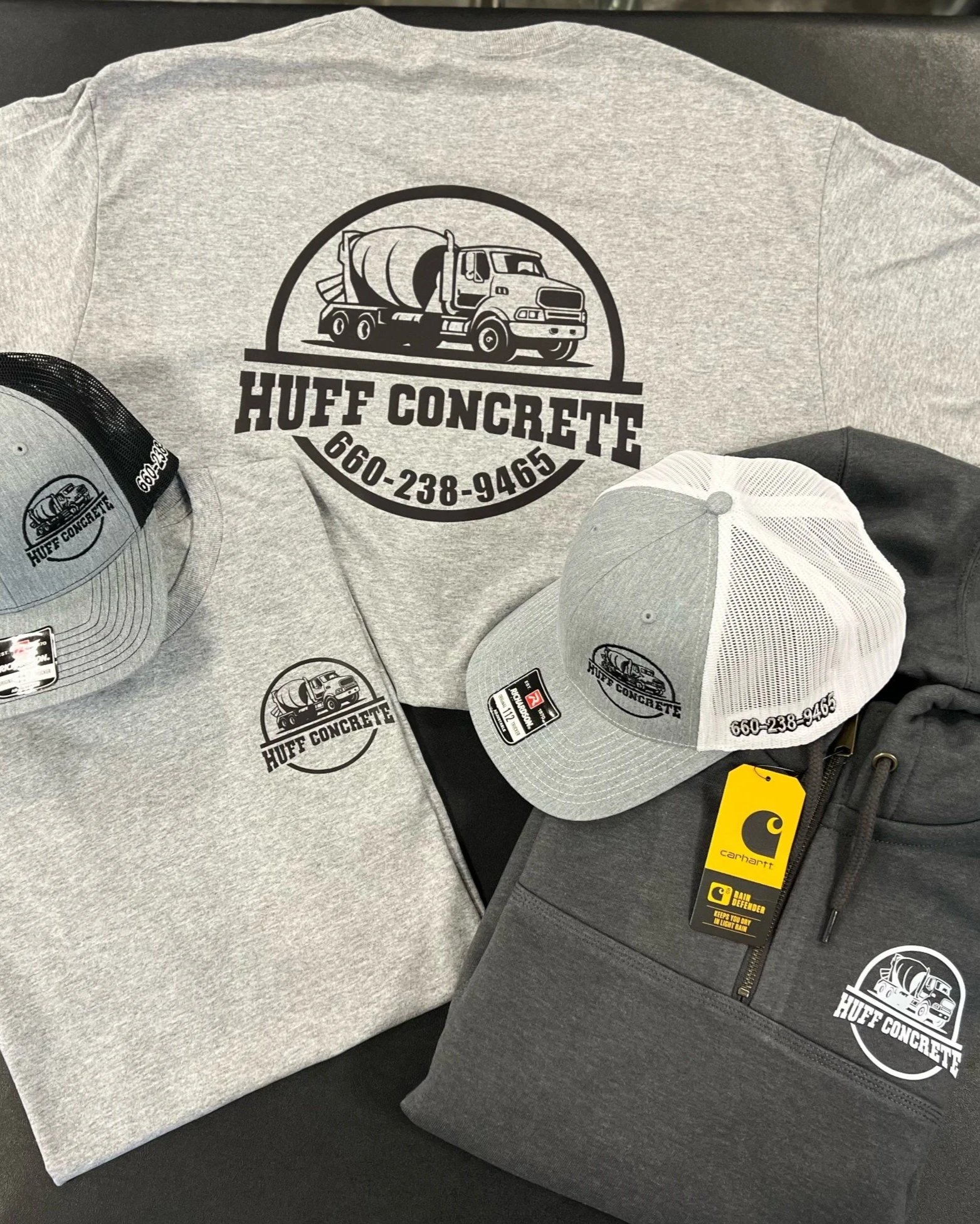 Huff Concrete branded apparel by Spirited Designs; DTF printed t-shirts; embroidered hats