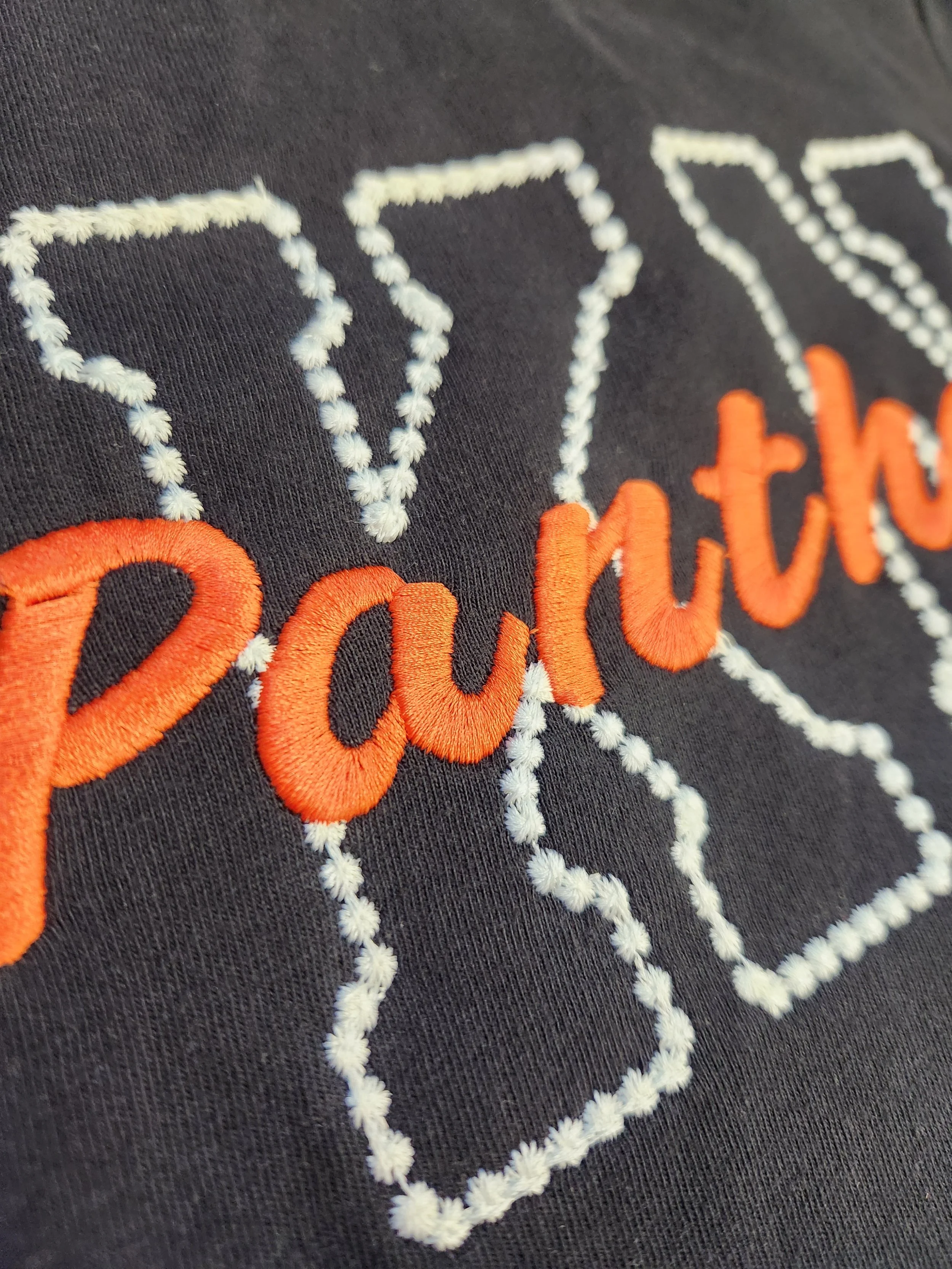 Embroidered KN Panthers Comfort Color T-Shirt, black t-shirt with letters K and N embroidered in white thread with Panthers embroidered on top of the letters in orange thread, Knob Noster Panthers