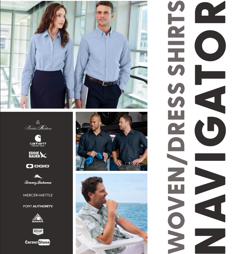 Full button dress shirts and tunics for professional apparel needs.