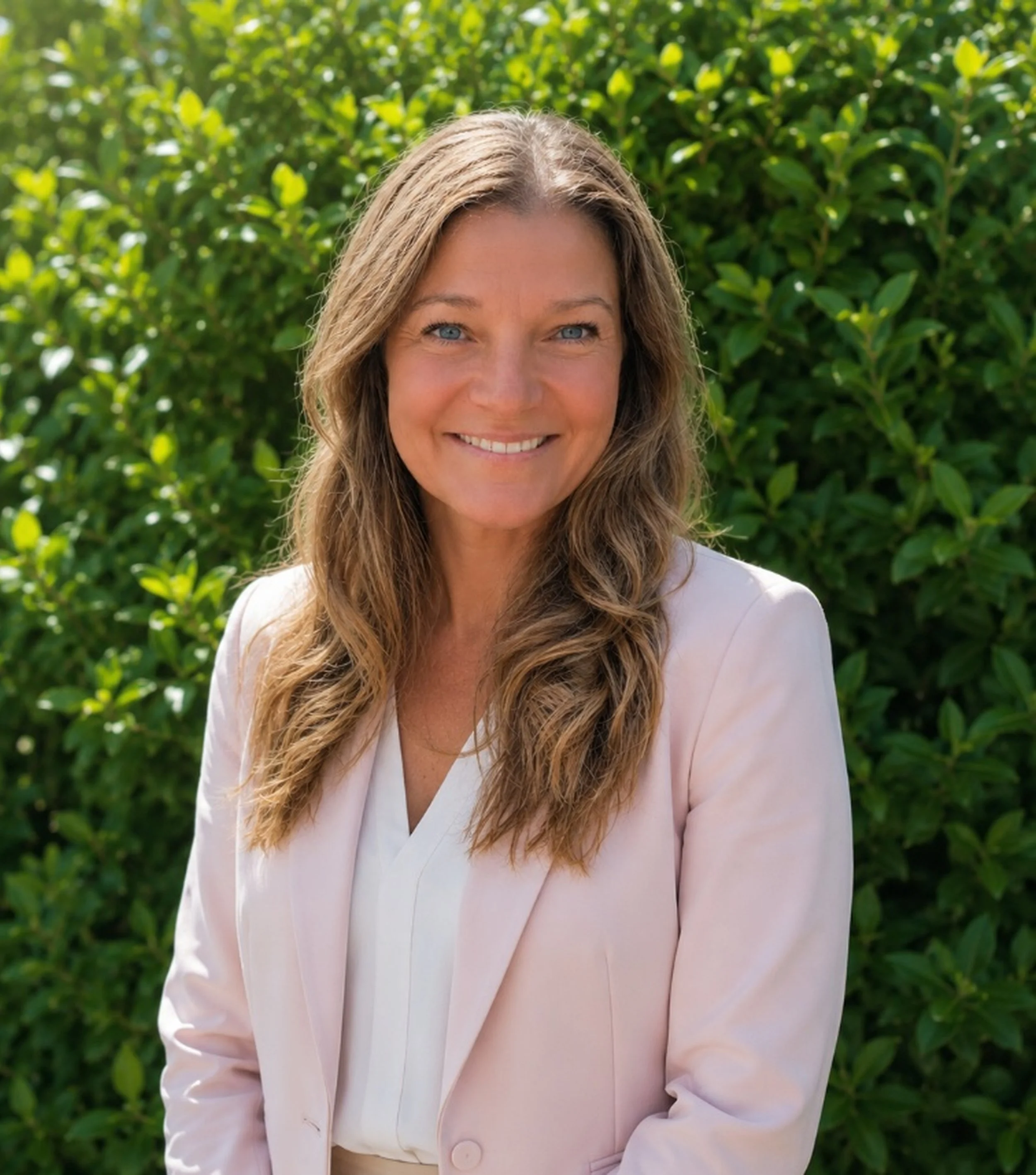 A woman with long, wavy brown hair and blue eyes smiling outdoors with green bush background.