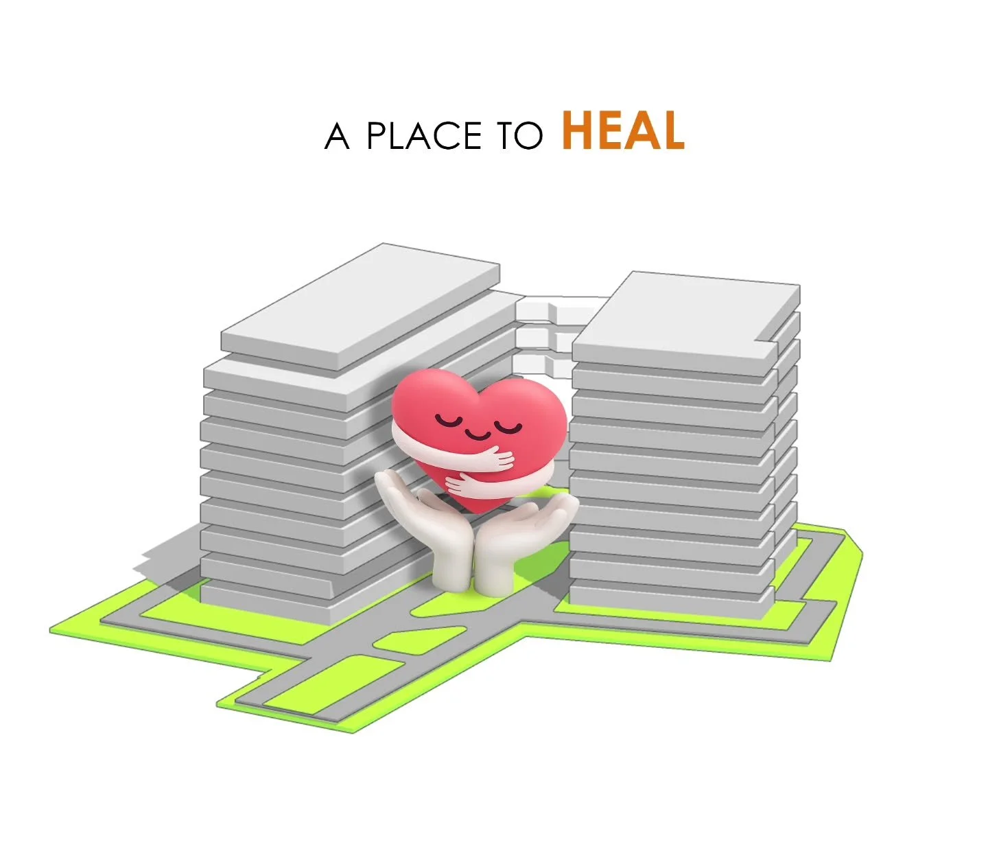 Concept to render - A new vision for hoslistic healing.
A pitch concept for a hospital design developed by our team of nerds. #nerdswhocare
A PLACE TO HEAL
At the heart of the campus, healing transcends function - spaces are crafted to nurture an