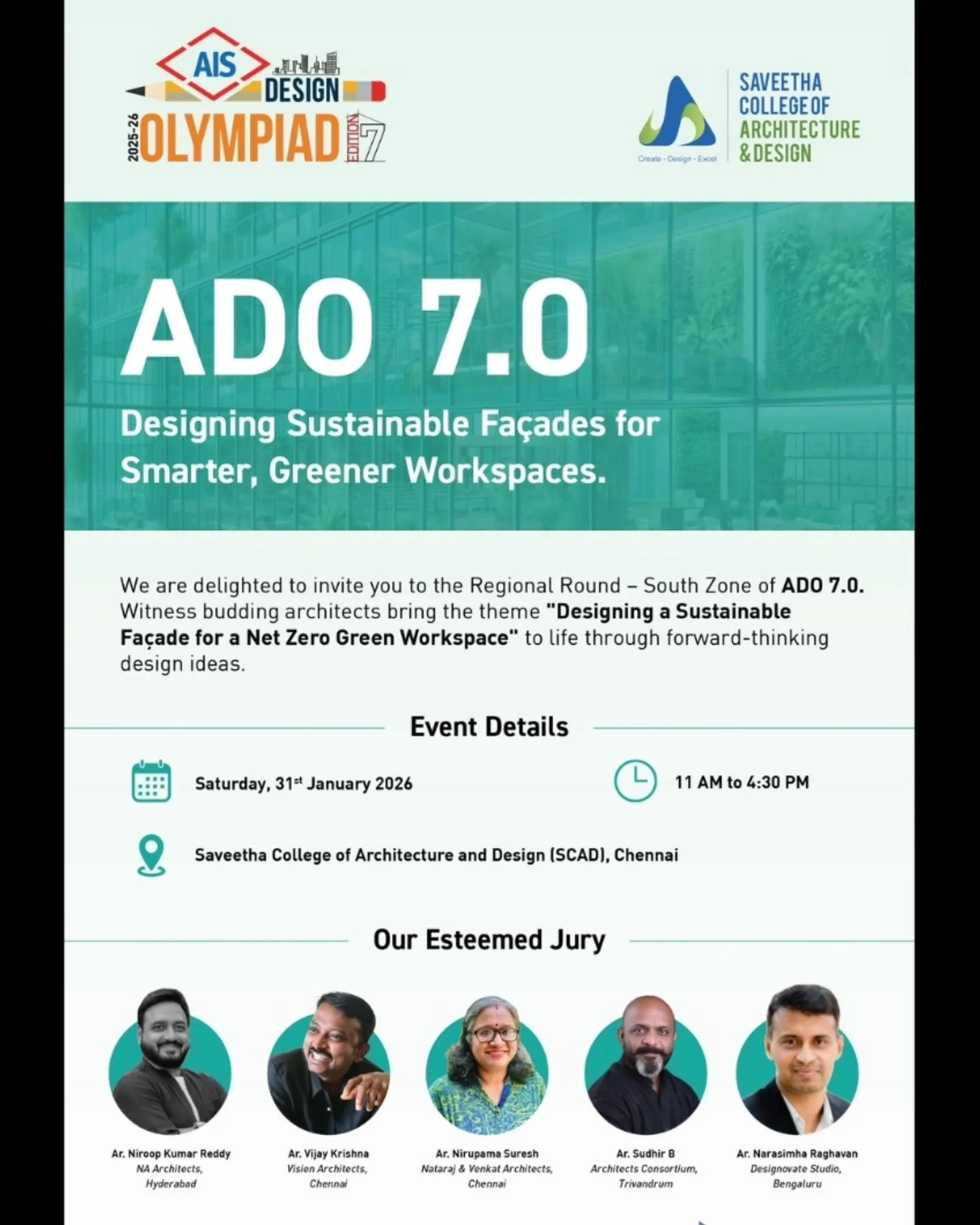 We&rsquo;re proud to share that Ar. Narasimha Raghavan ,  our Design Director at Designovate Studio, will be serving as an Esteemed Jury Member at ADO 7.0 &ndash; AIS Design Olympiad (Regional Round | South Zone) 🌿✨ 

Hosted at Saveetha College of A