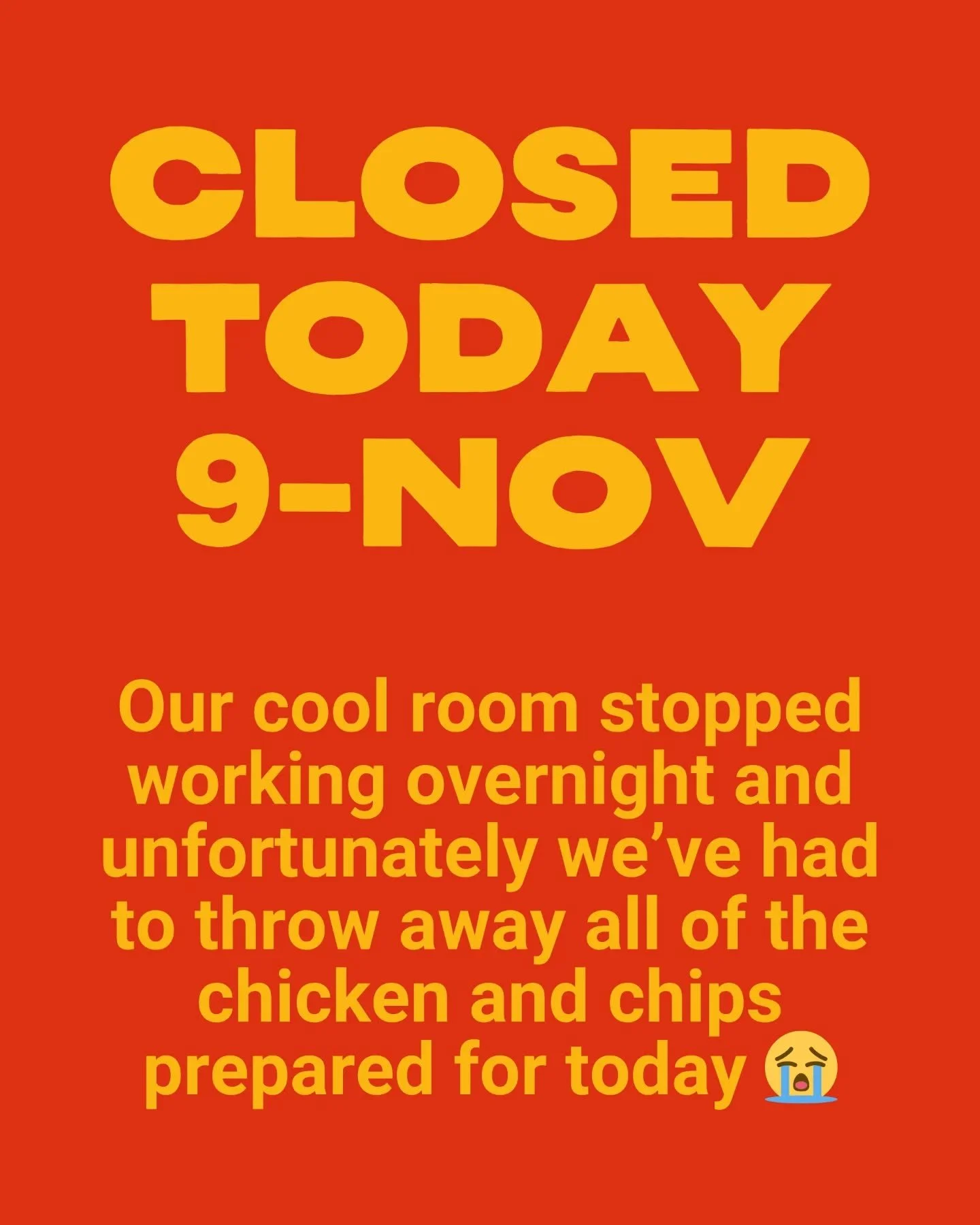 Probably the worst thing to discover when you arrive to setup in the morning is that the cool room is no longer working and 150kg of perfectly brined chicken needs to be put in the bin. So sorry to everyone that was already on the way here!! We're ge
