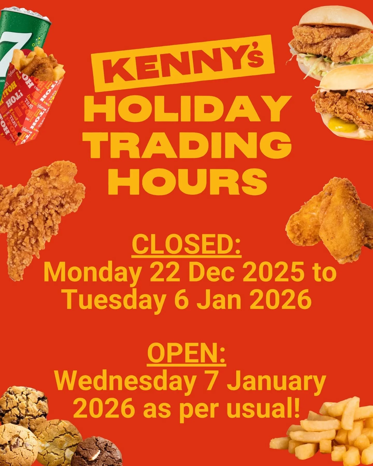 Thank you to everyone that made 2025 an absolutely amazing year for Kenny's!! The team will be taking a short break over Christmas and New Year to recharge, and prepare for even more tasty food in 2026 😋 

Our last day of trade will be Sunday the 21
