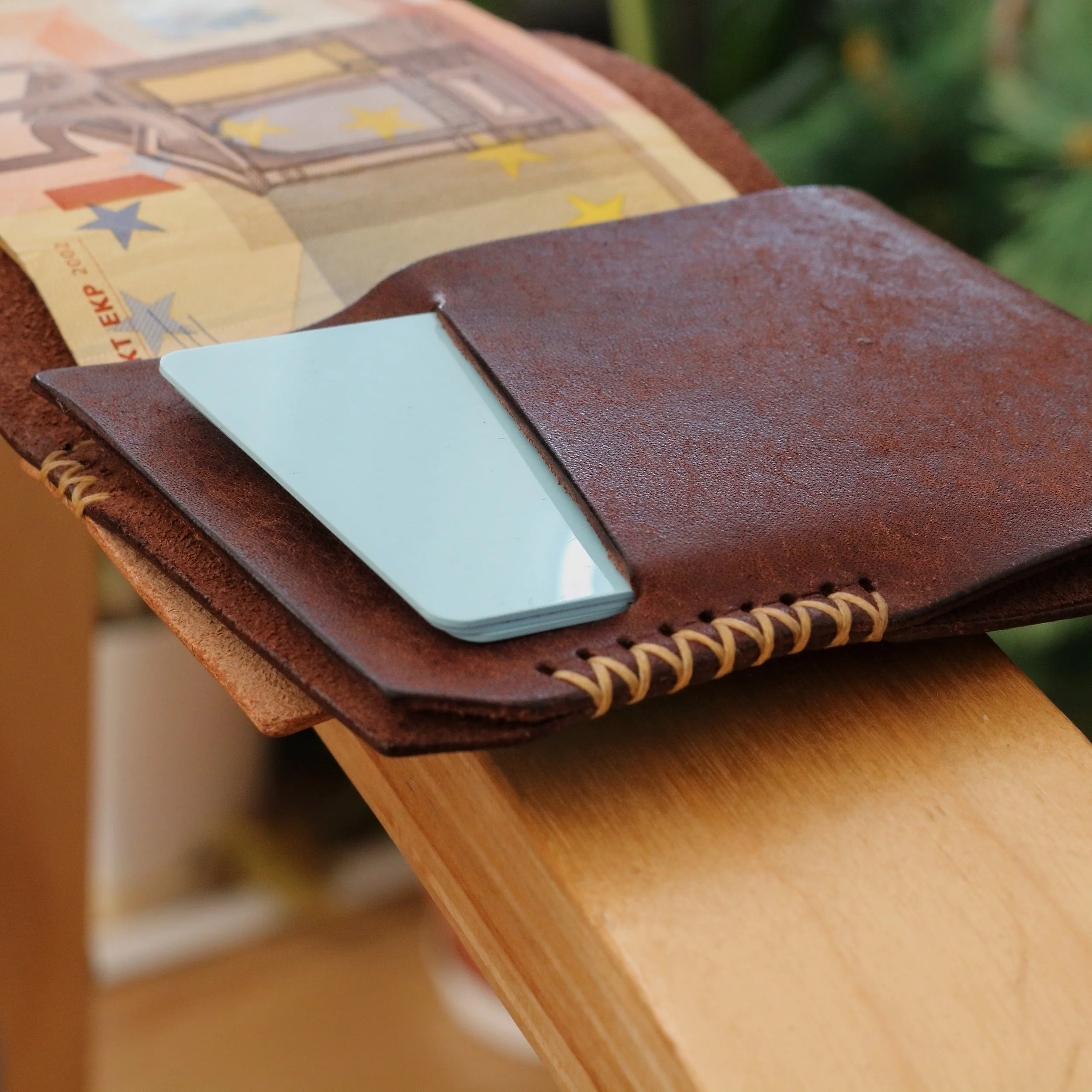 handmade full grain veg tan Italian leather slim wallet. Made in Europe