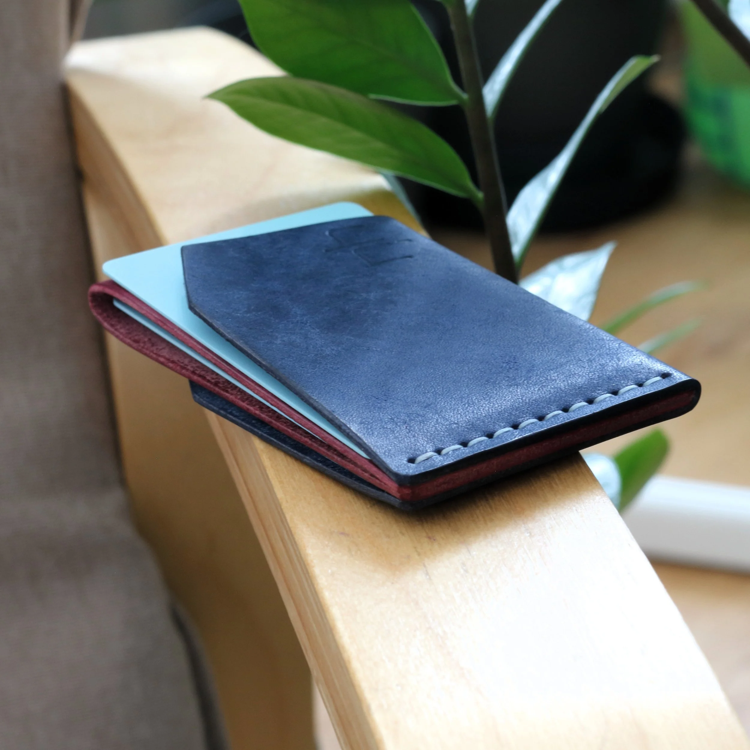 Premium super slim blue Italian leather card holder for up to 5 cards