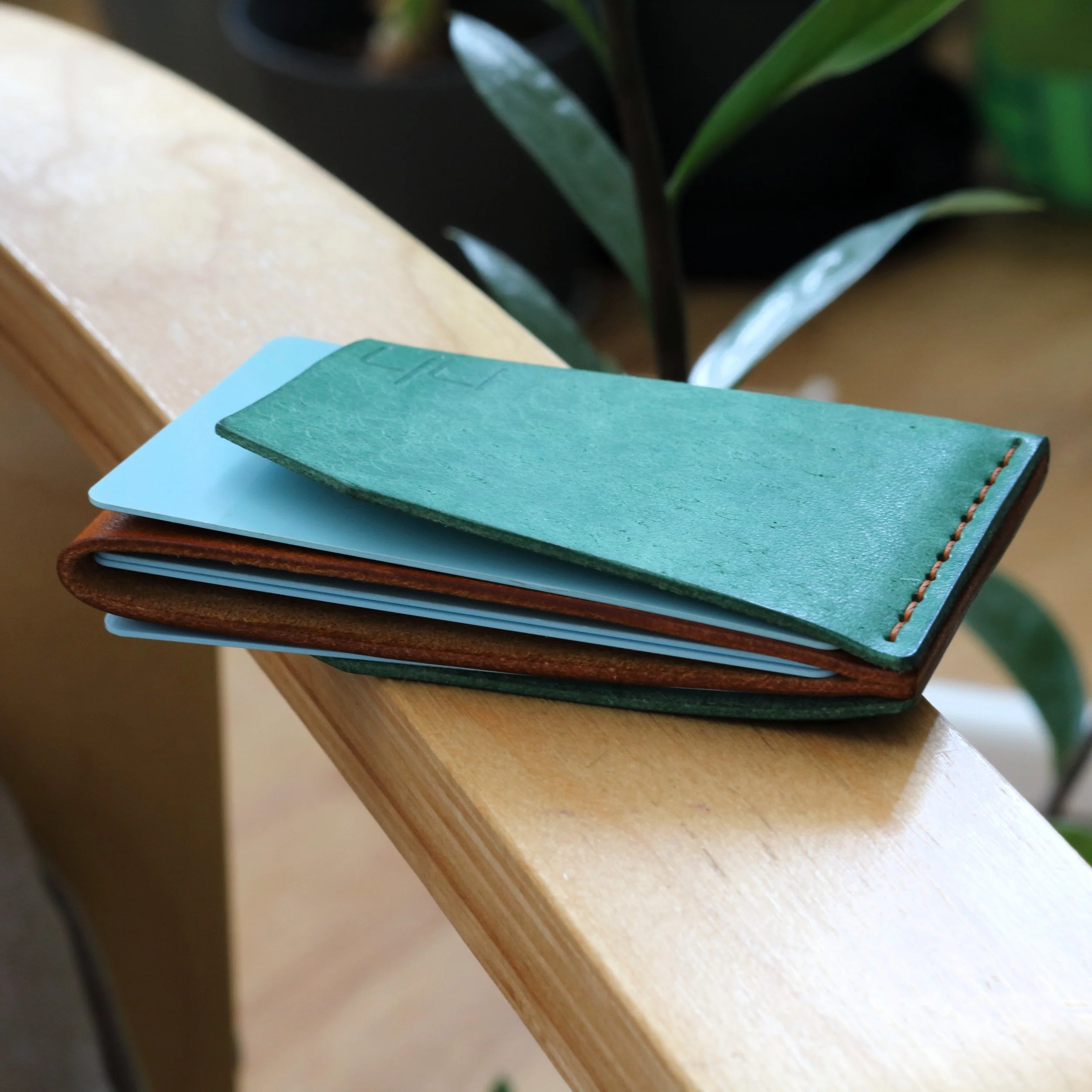 Premium Italian green leather small wallet for credit cards and folded cash