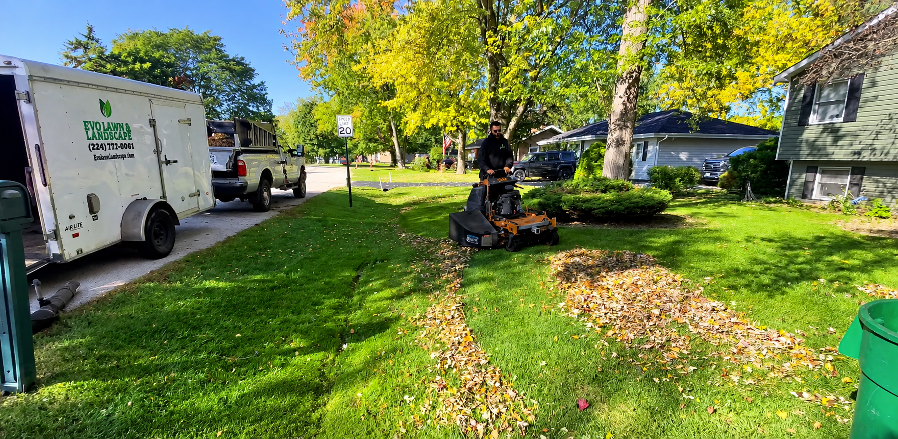 Evo Lawn and Landscape residential fall cleanup and leaf removal service equipment