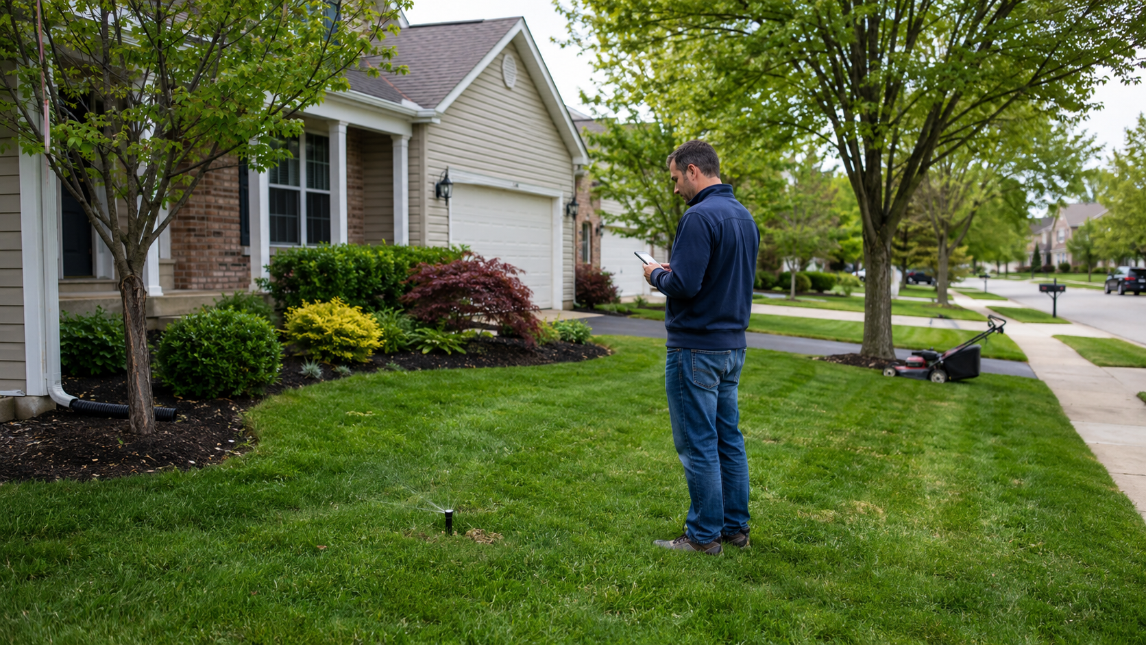 New homeowner inspecting lawn and yard maintenance needs at a residential property in Gurnee Illinois