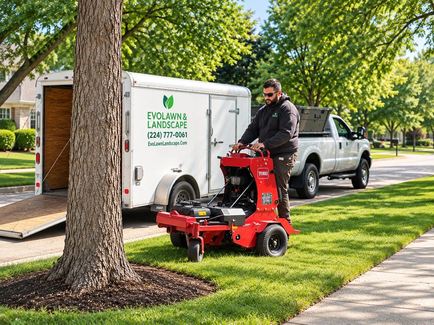 Evo Lawn & Landscape branded trailer and Toro core aeration equipment on a residential lawn