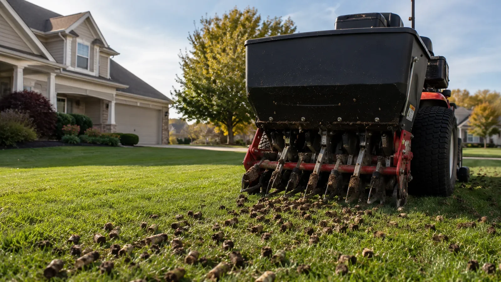 Core aeration on a residential lawn in Lake County Illinois