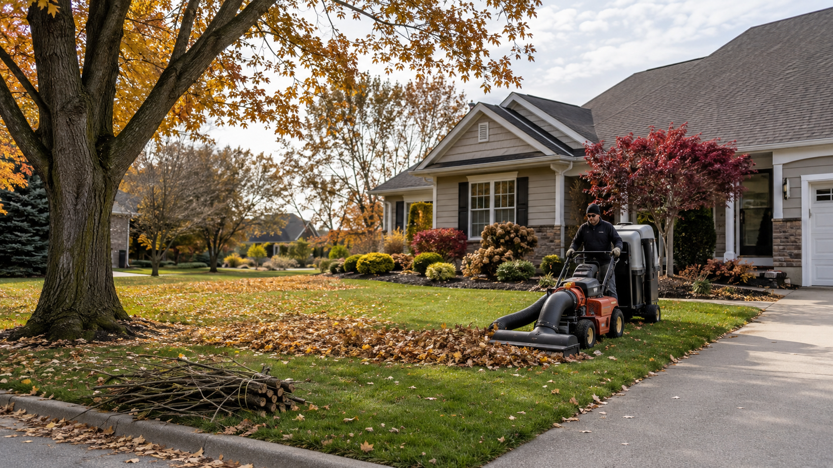 Fall yard cleanup on a residential property in Gurnee Illinois