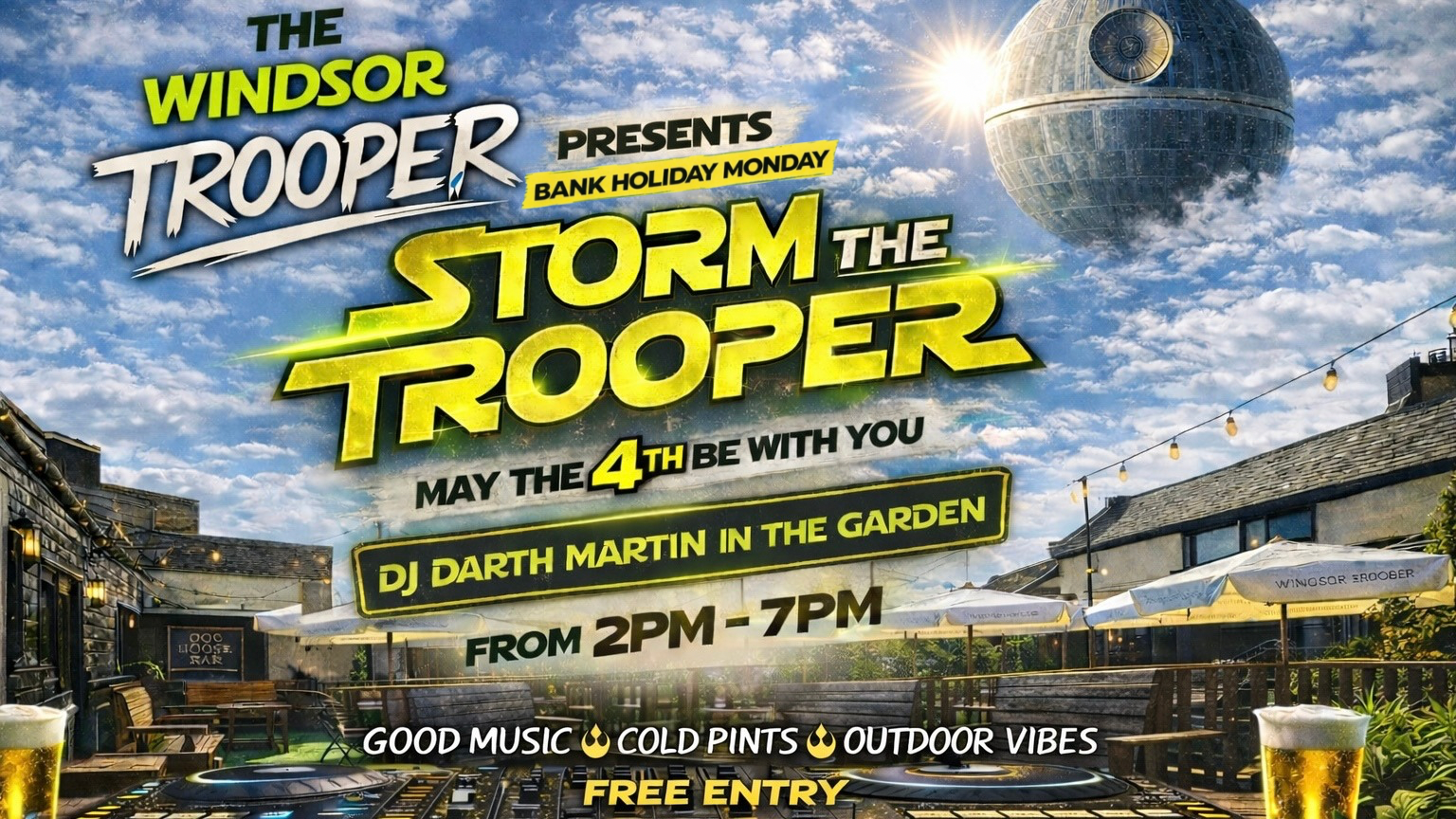 A colorful promotional poster for the Windsor Trooper's Easter Beer & Cider Festival featuring an illustration of Windsor Castle, a historic building with a clock tower, a river, and a farm scene with a bunny and Easter eggs, advertising live music from Euphria on April 5th at 5 pm.