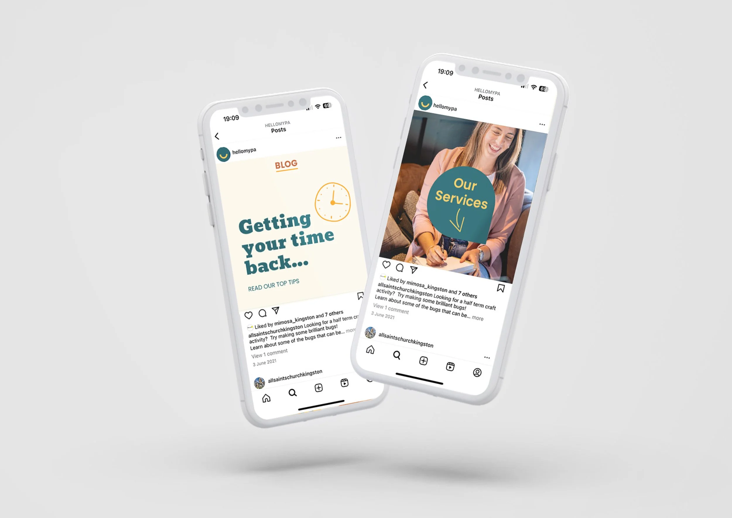 Example of social media designs on two phones