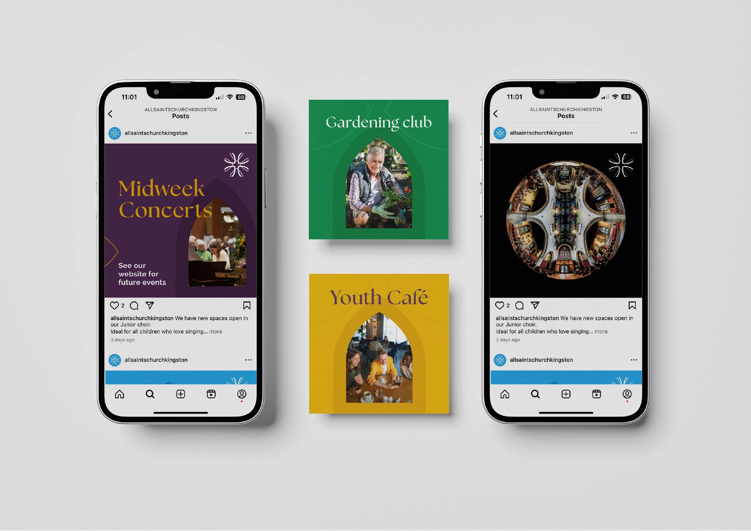 Image of iPhones showing the new social media graphics for all saints church by west9 design