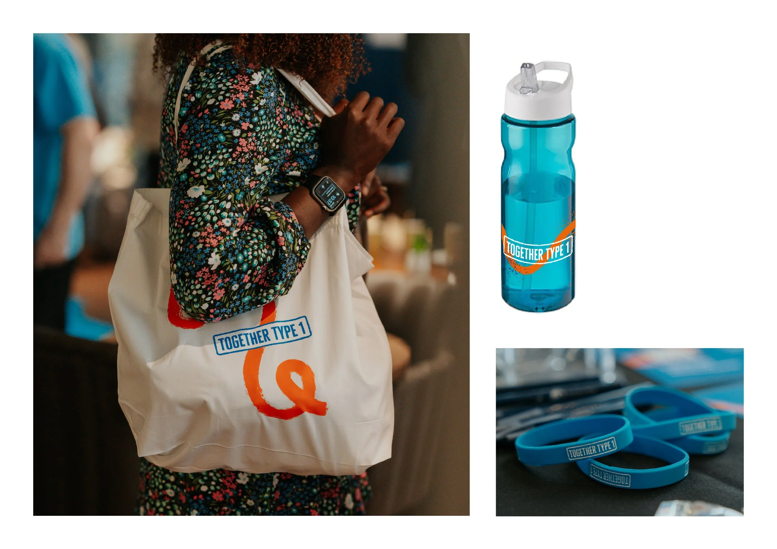 Together Type 1 examples of merchandise including a bottle, tote bag and wristbands
