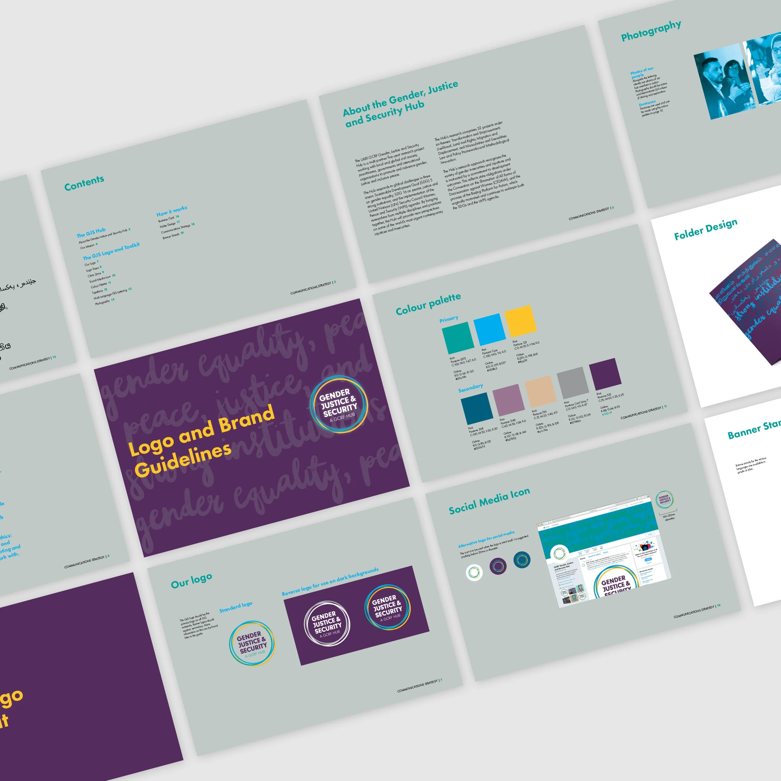 Brand guidelines for the Gender Justice and Security Hub by West9 Design Ltd