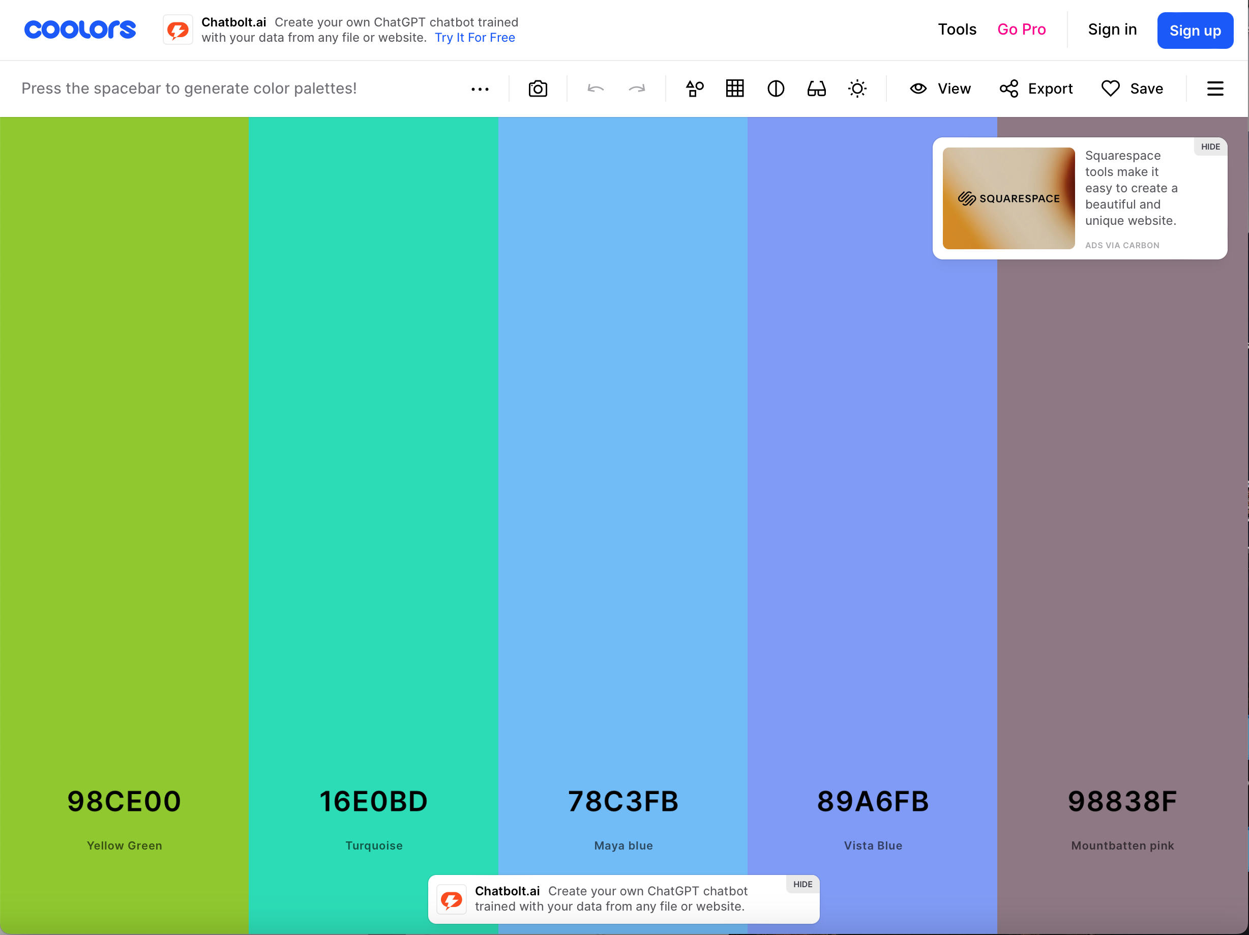 screen grab of Coolors website