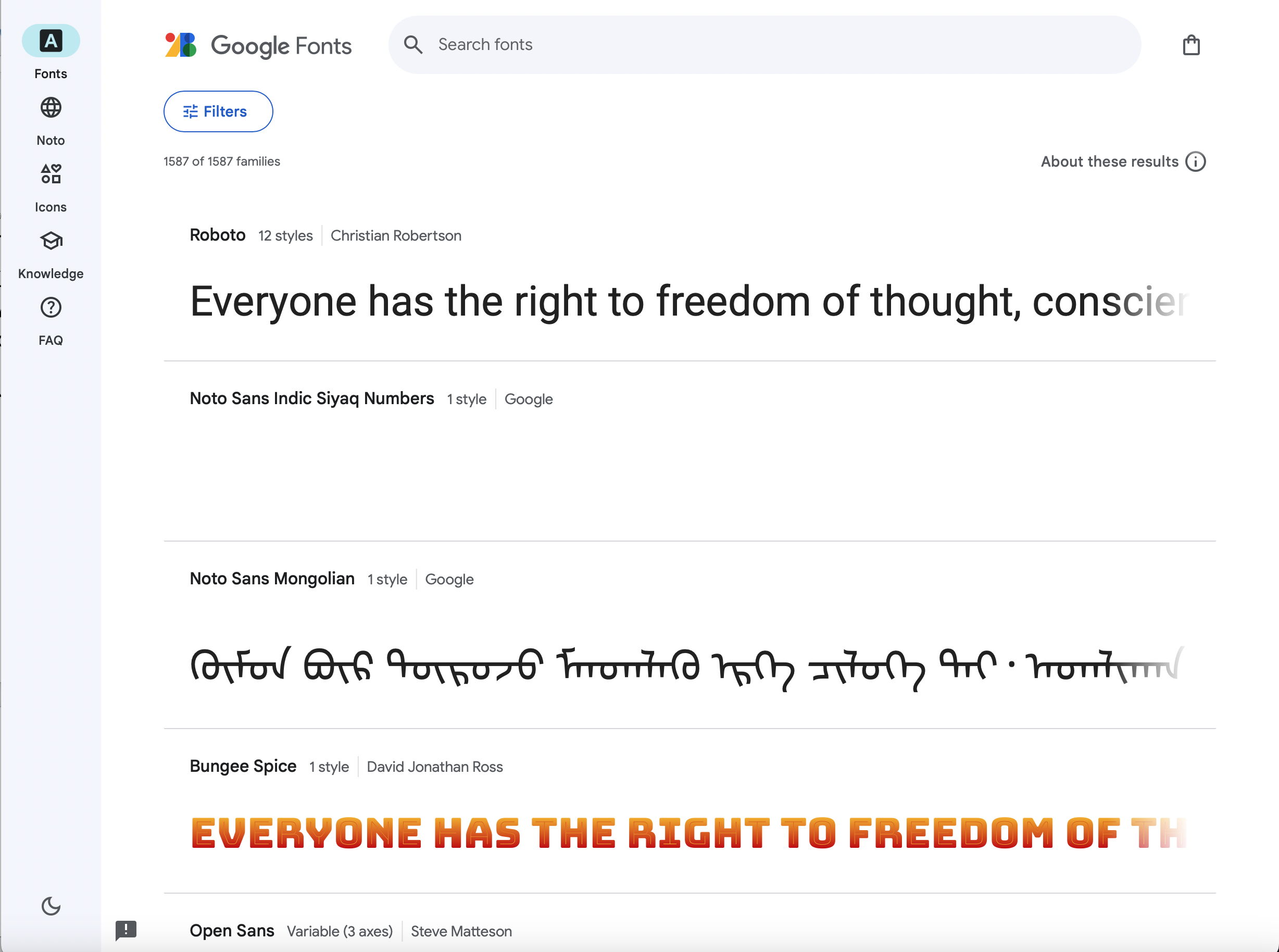 Screen grab of google fonts website