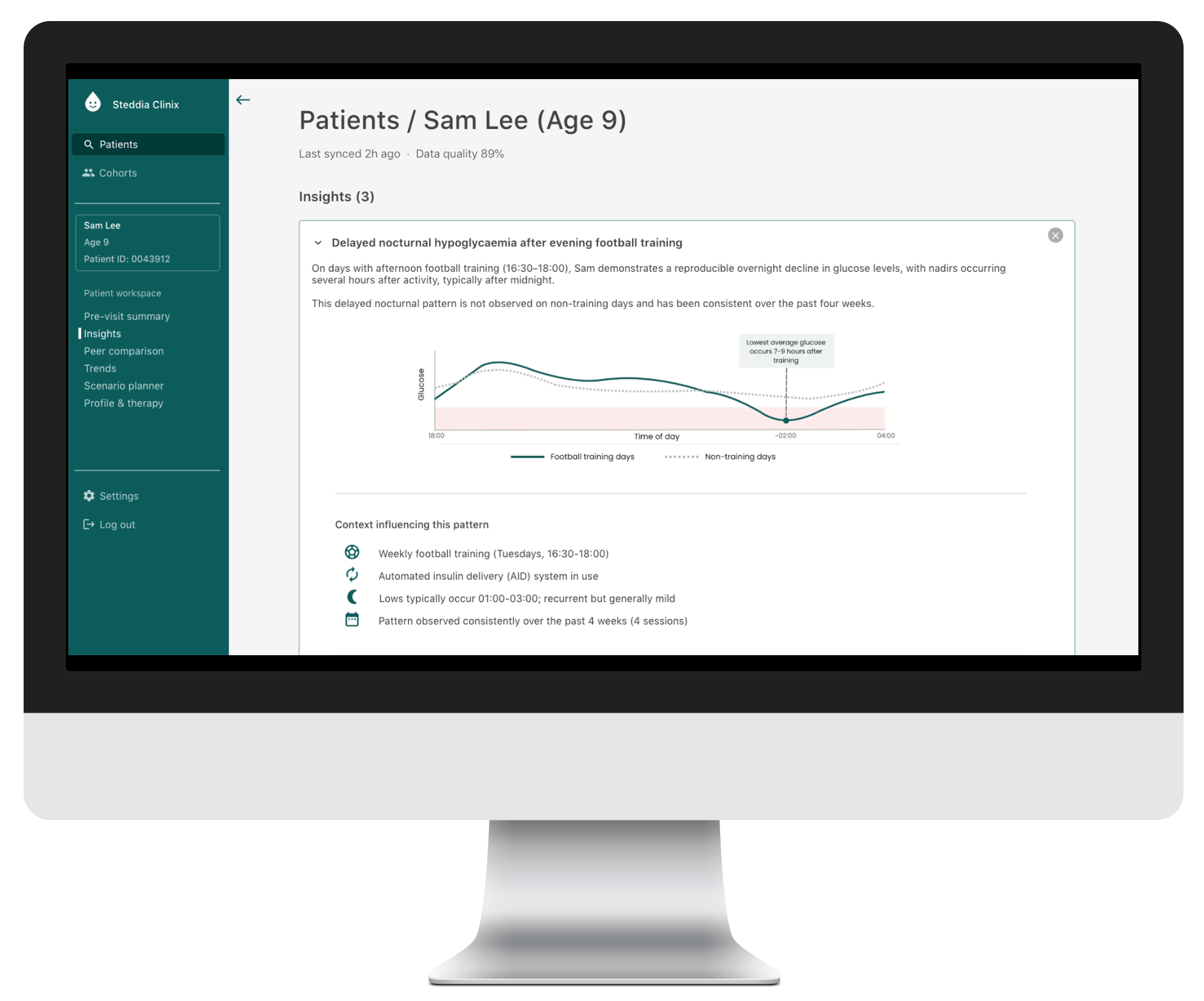 Desktop monitor showing the Steddia app for the clinician. The page shows natural language insights for a particular patient.