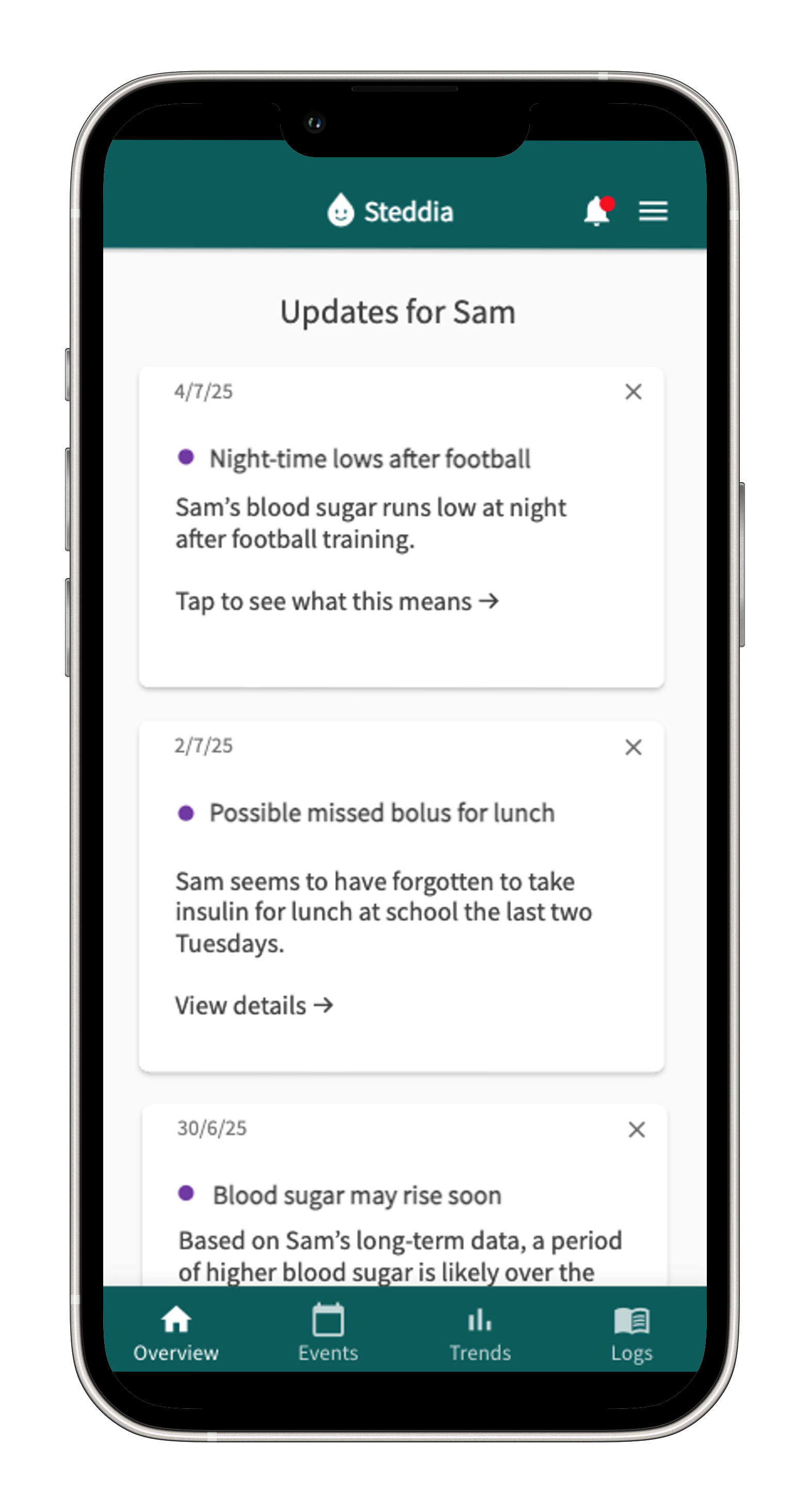 Mobile phone showing the Steddia app with a series of natural-language insights for the caregiver of a child with T1D.