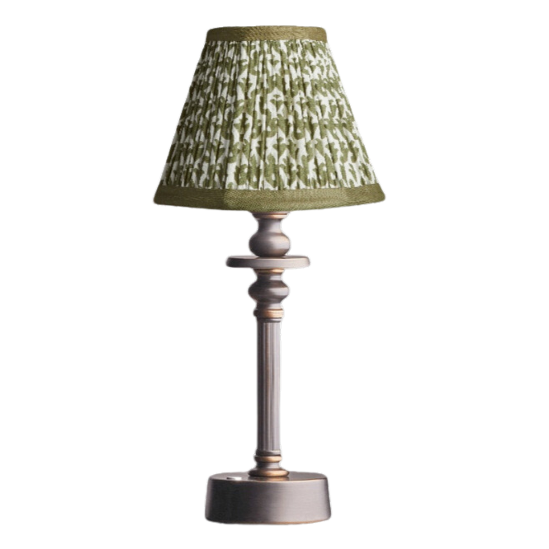 Bronze wireless 'spooky map' with green block print lampshade