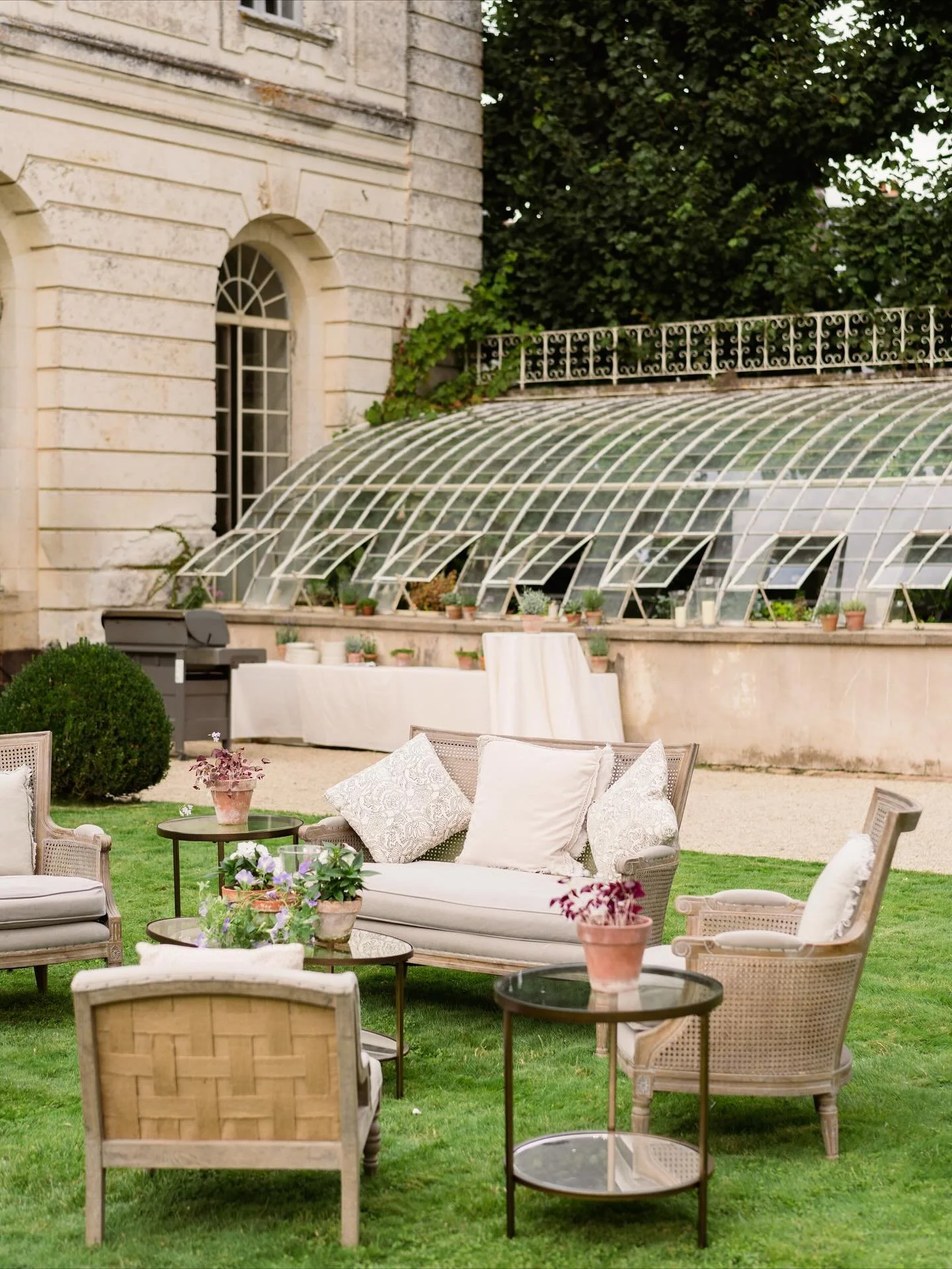 An elegant start to the week. 

Our Marlborough seating pieces made their way to Ch&acirc;teau du Grand-Luce last summer, setting the scene for a relaxed welcome evening in the gardens. With their deep cushions, soft neutral fabric, and clean-lined s