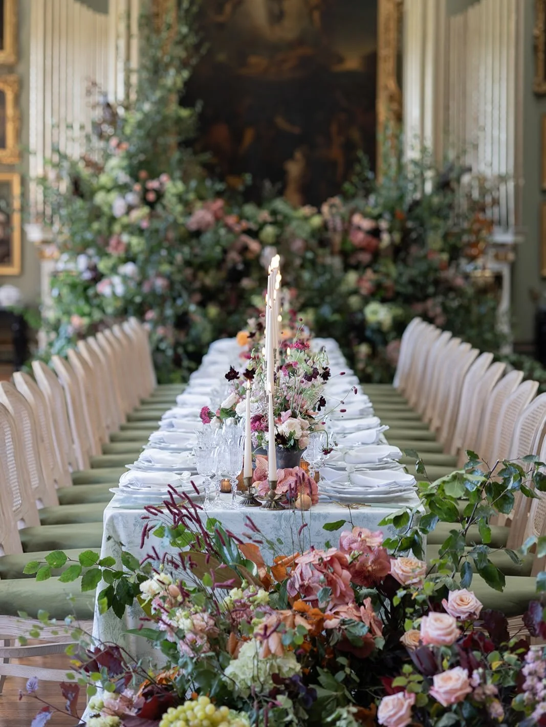 This dining setting felt both intimate and grand in equal measure. Our Elliana Chairs in green velvet brought depth and richness to the room, sitting beautifully against the warm tones of the florals and fruit. 

It&rsquo;s a perfect example of how v