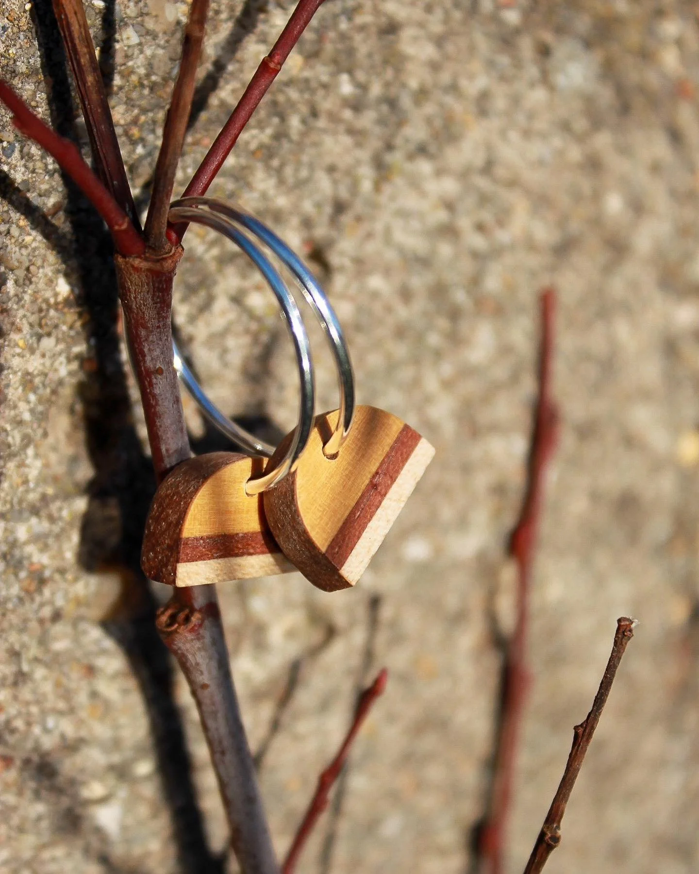 Mod&egrave;le demi-cercle !
Anneaux en argent 925 de 30 mm, avec un pendentif en acajou et des motifs de marqueterie simple en poirier teint&eacute; jaune, kosipo et &eacute;rable 🍁

Si vous &ecirc;tes int&eacute;ress&eacute;(e), envoyez-moi un peti
