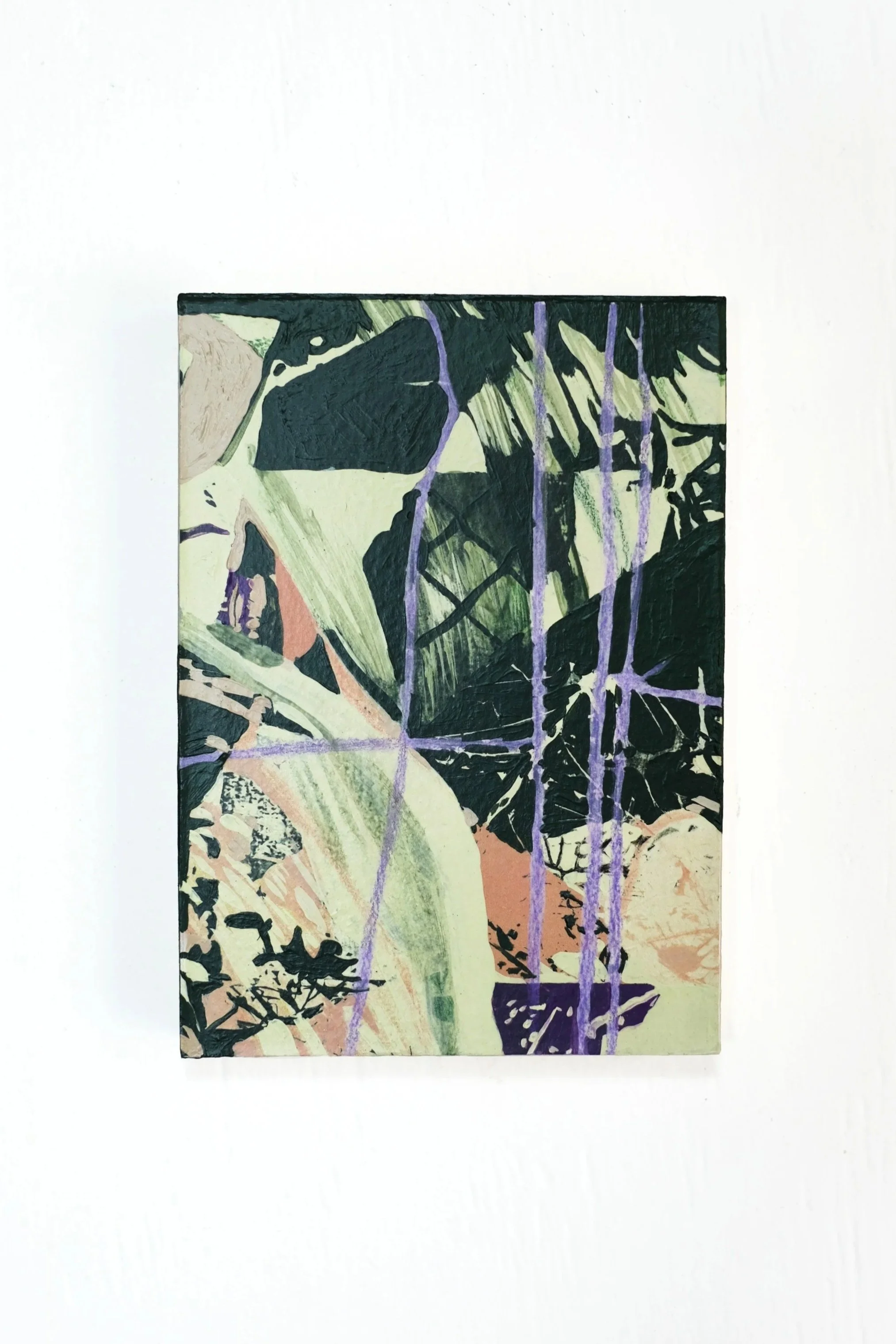 Sidewalk Study in Purple, Pink, Yellow & Green – 5x7" Vertical Abstract Painting