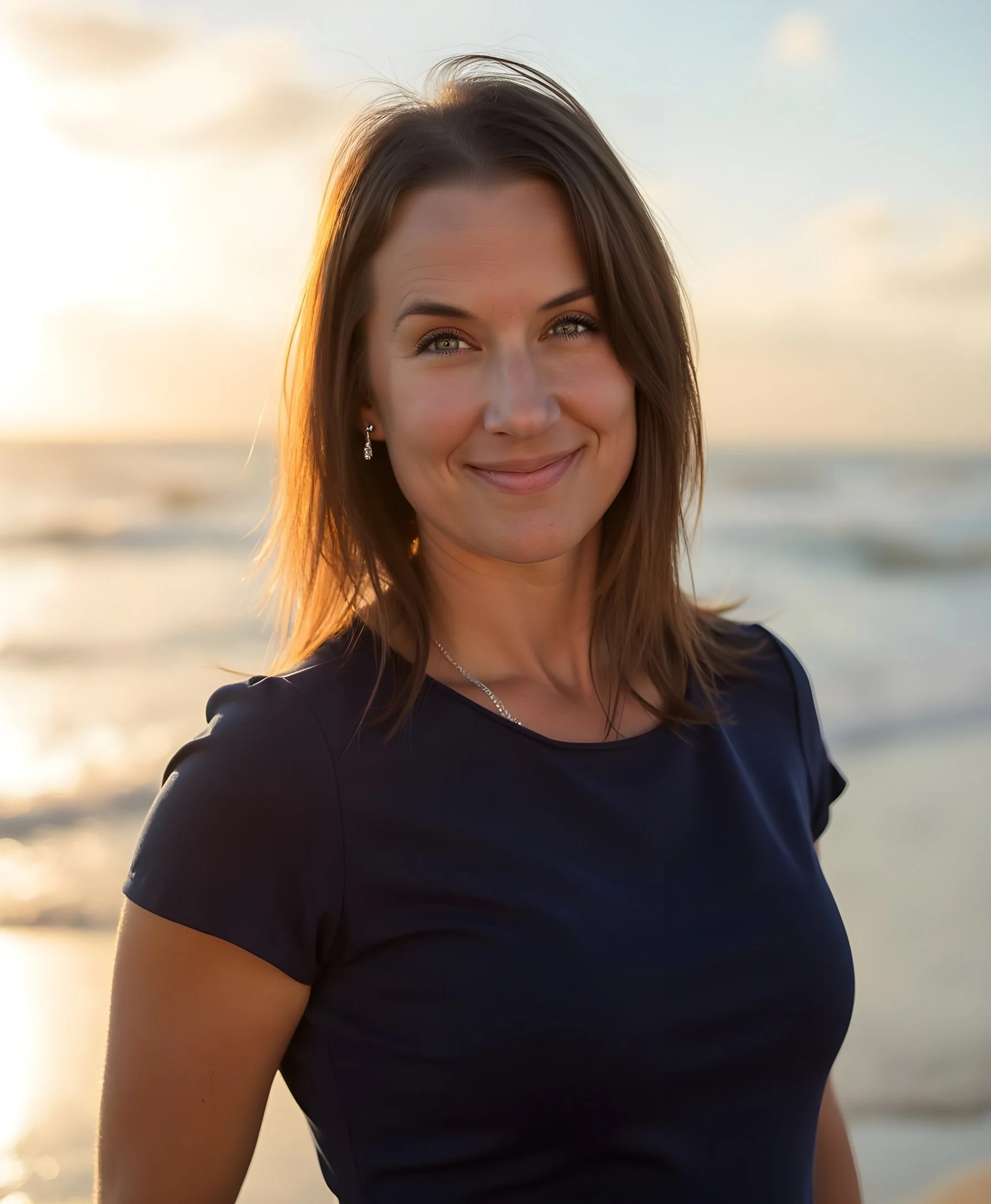 A woman with brown hair and light eyes smiling at the camera on a beach during sunset, wearing a black top and jewelry.