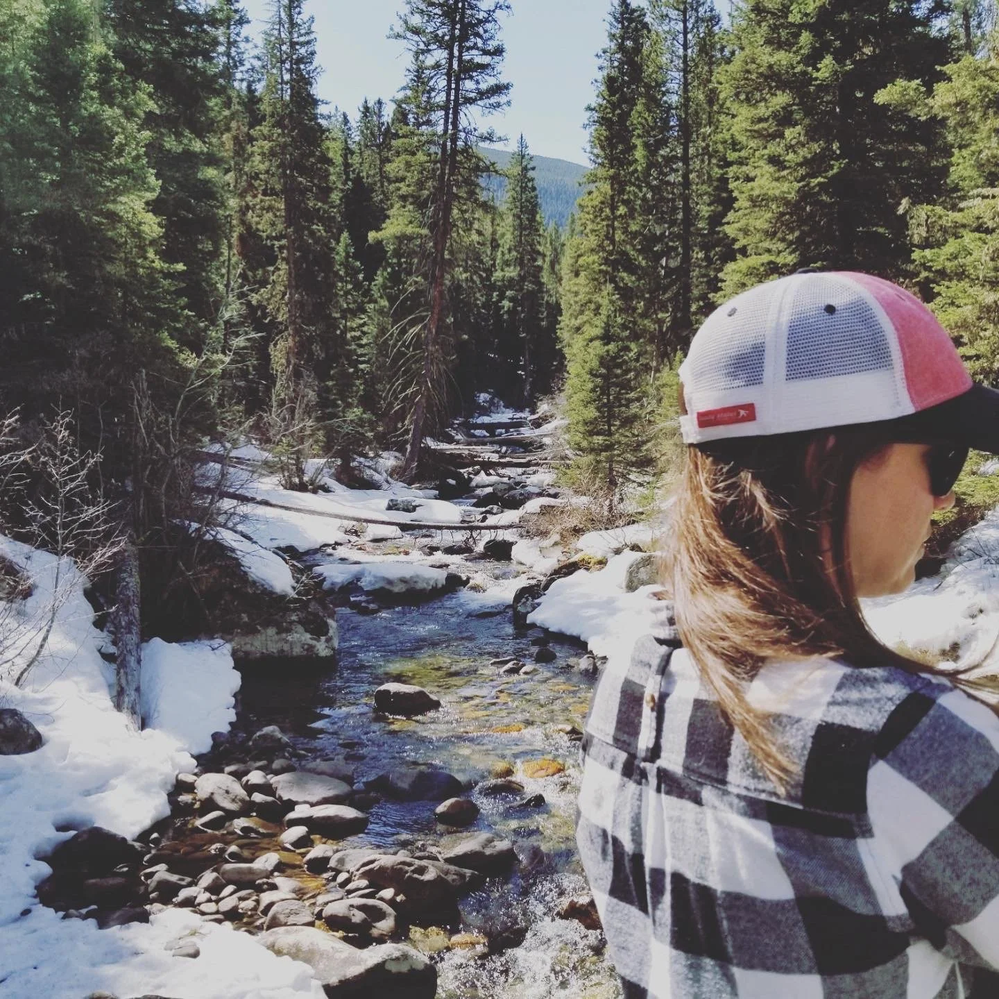 Tonia standing next to a snowy stream in a forested mountainous area in Montana.