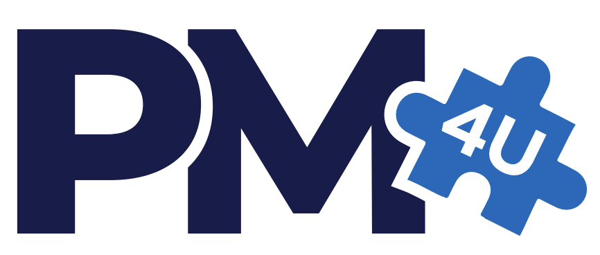 Logo with the letters 'PM' and a blue puzzle piece with '4U' inside.